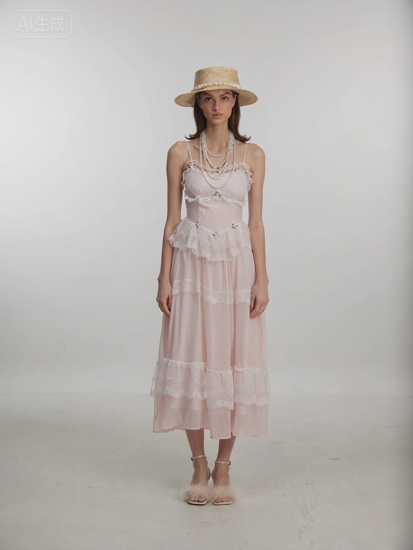Blush Lace Ruffle Midi Dress