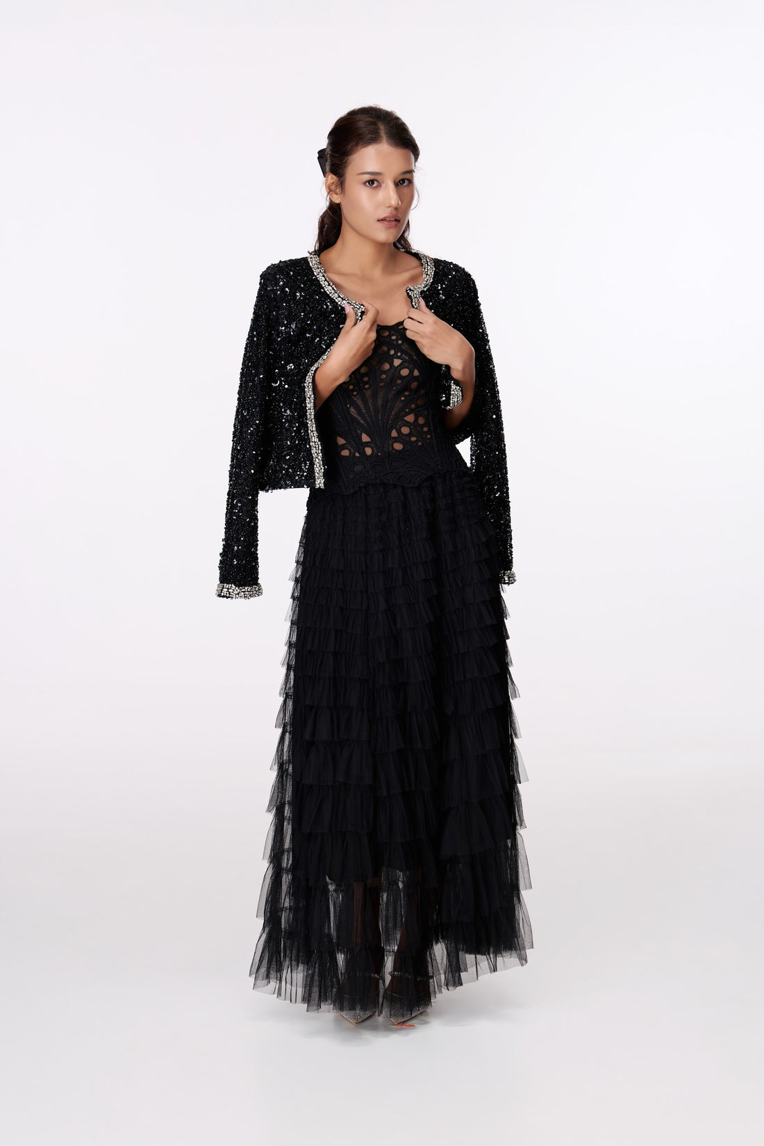 Black Contrast-Trim Textured Jacket by STAGEE, front view