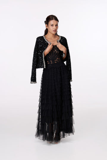 Black Contrast-Trim Textured Jacket by STAGEE, front view