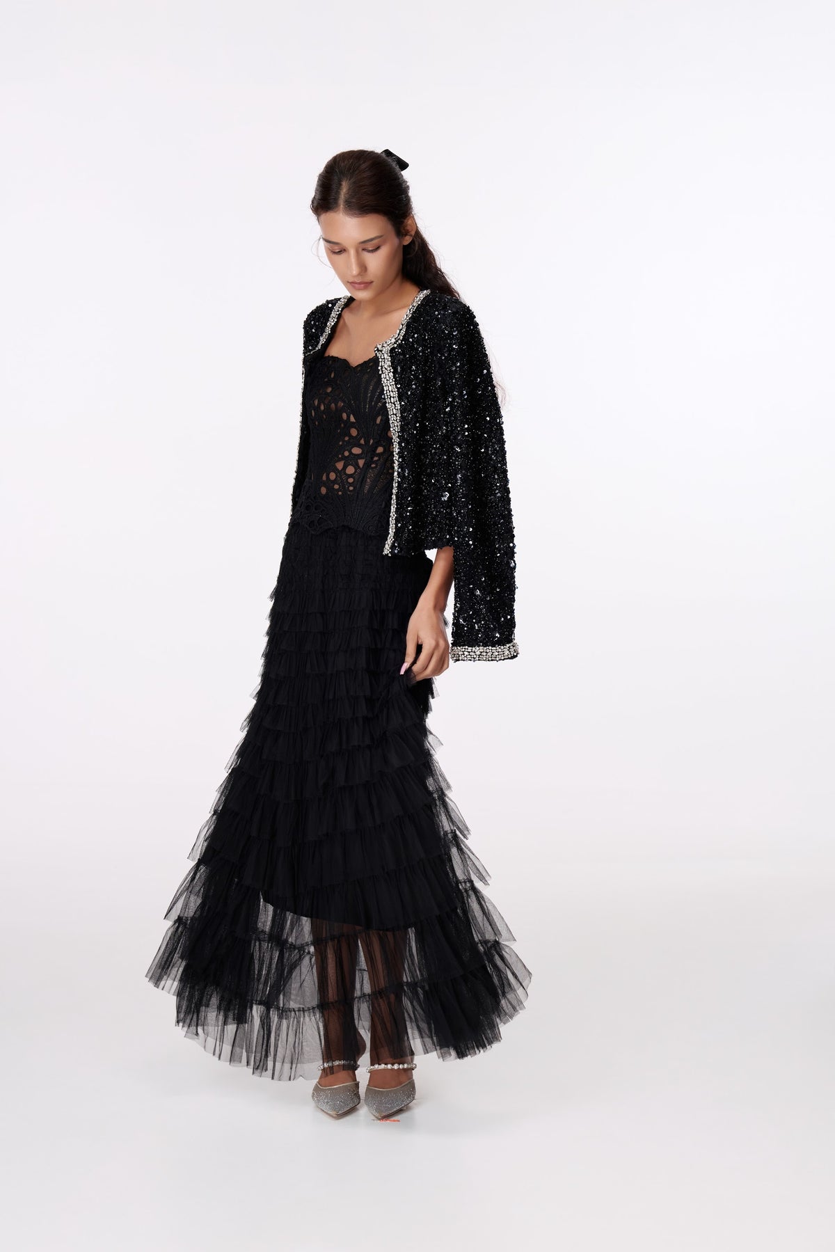 Black Contrast-Trim Textured Jacket by STAGEE, in motion