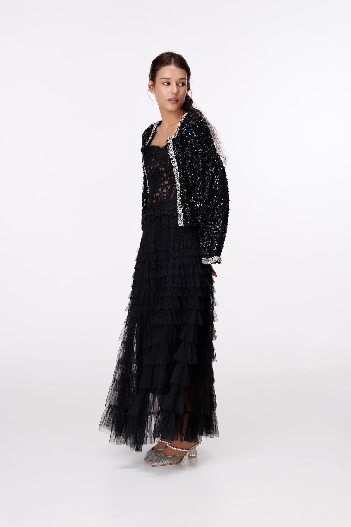 Black Contrast-Trim Textured Jacket by STAGEE, back view