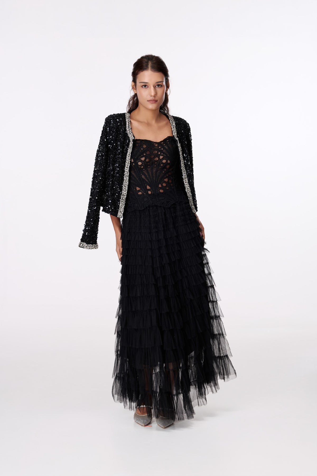 Black Contrast-Trim Textured Jacket by STAGEE, side view
