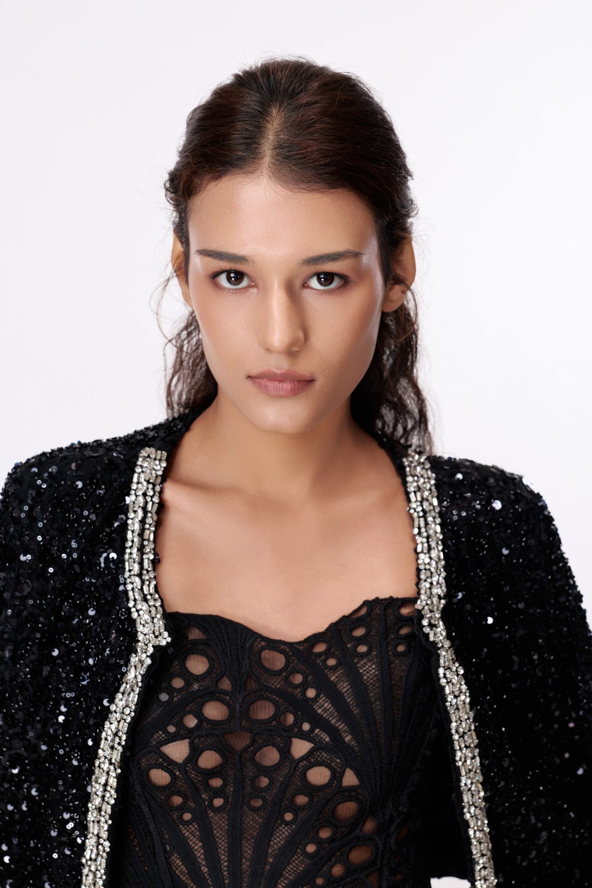 Black Contrast-Trim Textured Jacket by STAGEE, fabric and detail