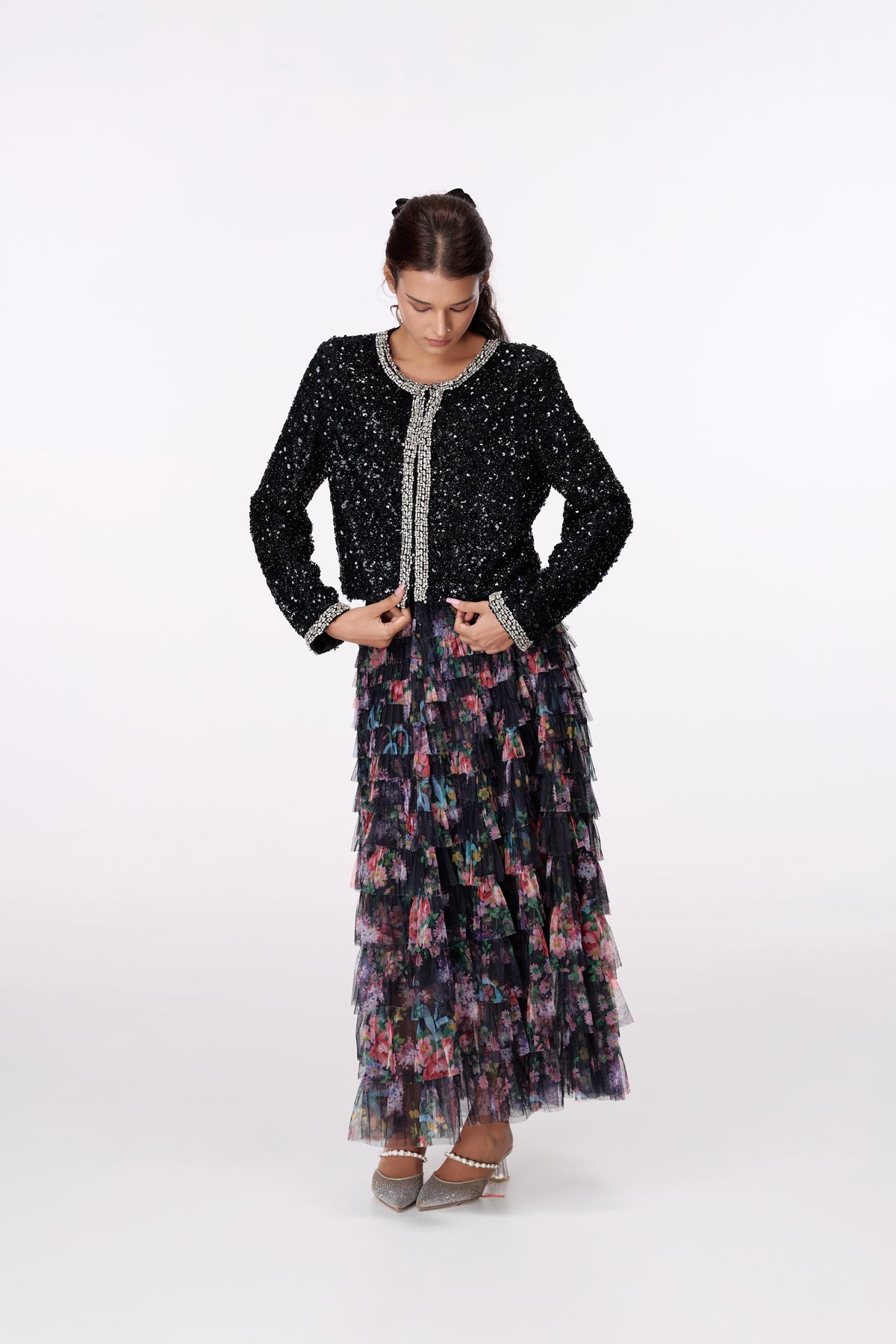 Black Contrast-Trim Textured Jacket by STAGEE, styled look