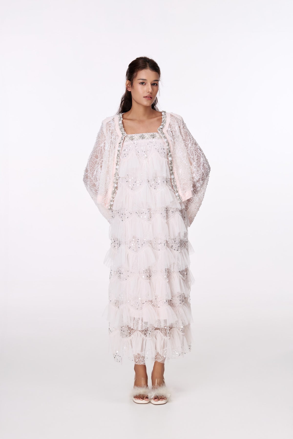 Blush Jewel-Trim Lace Jacket by STAGEE, front view