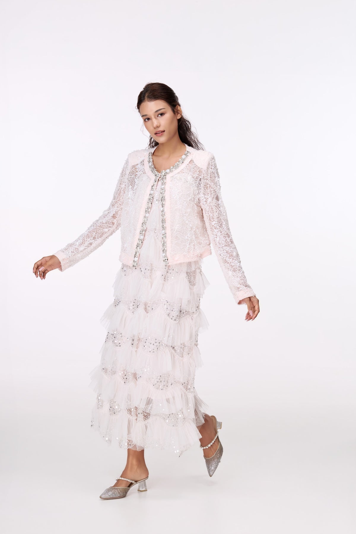Blush Jewel-Trim Lace Jacket by STAGEE, in motion