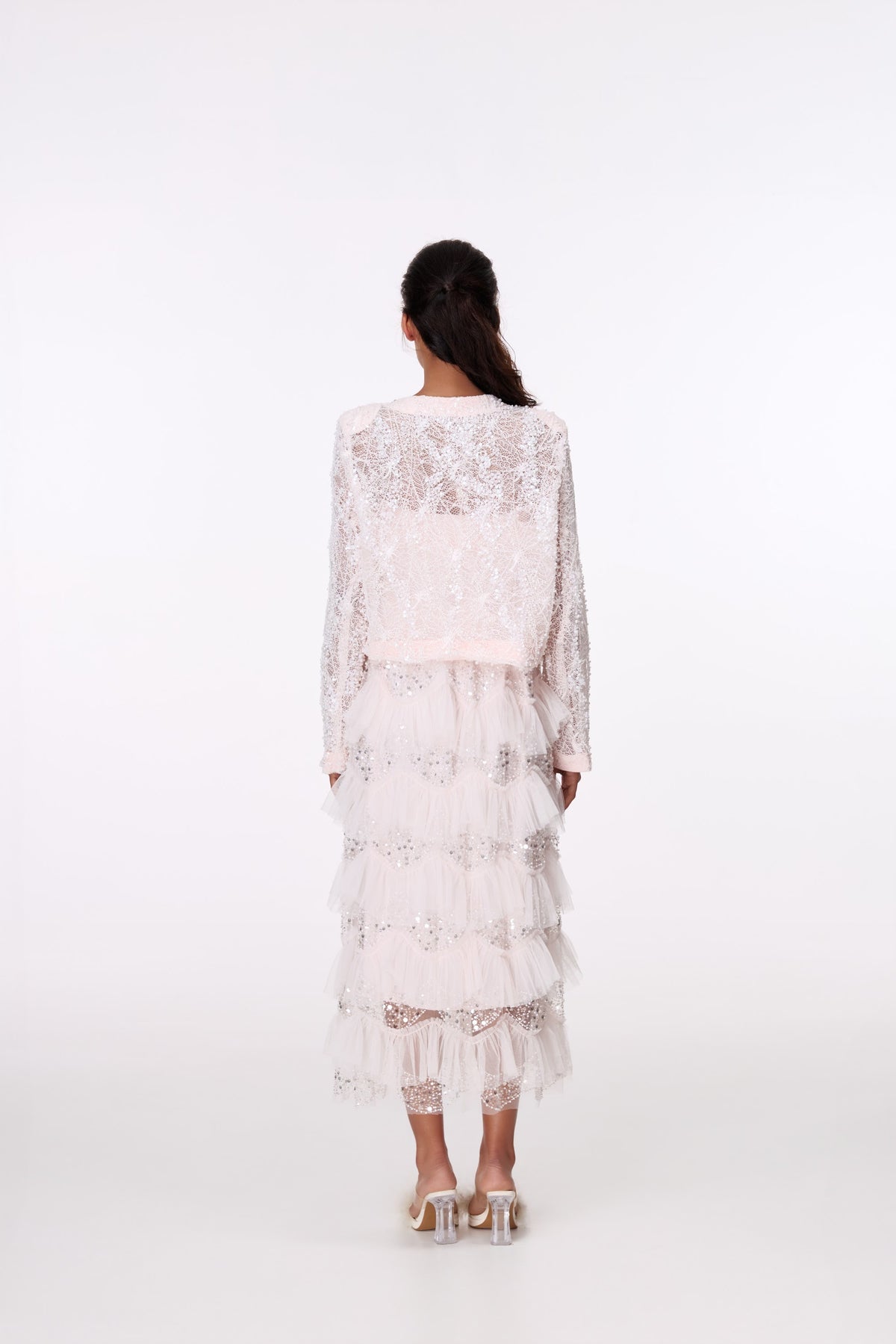 Blush Jewel-Trim Lace Jacket by STAGEE, back view