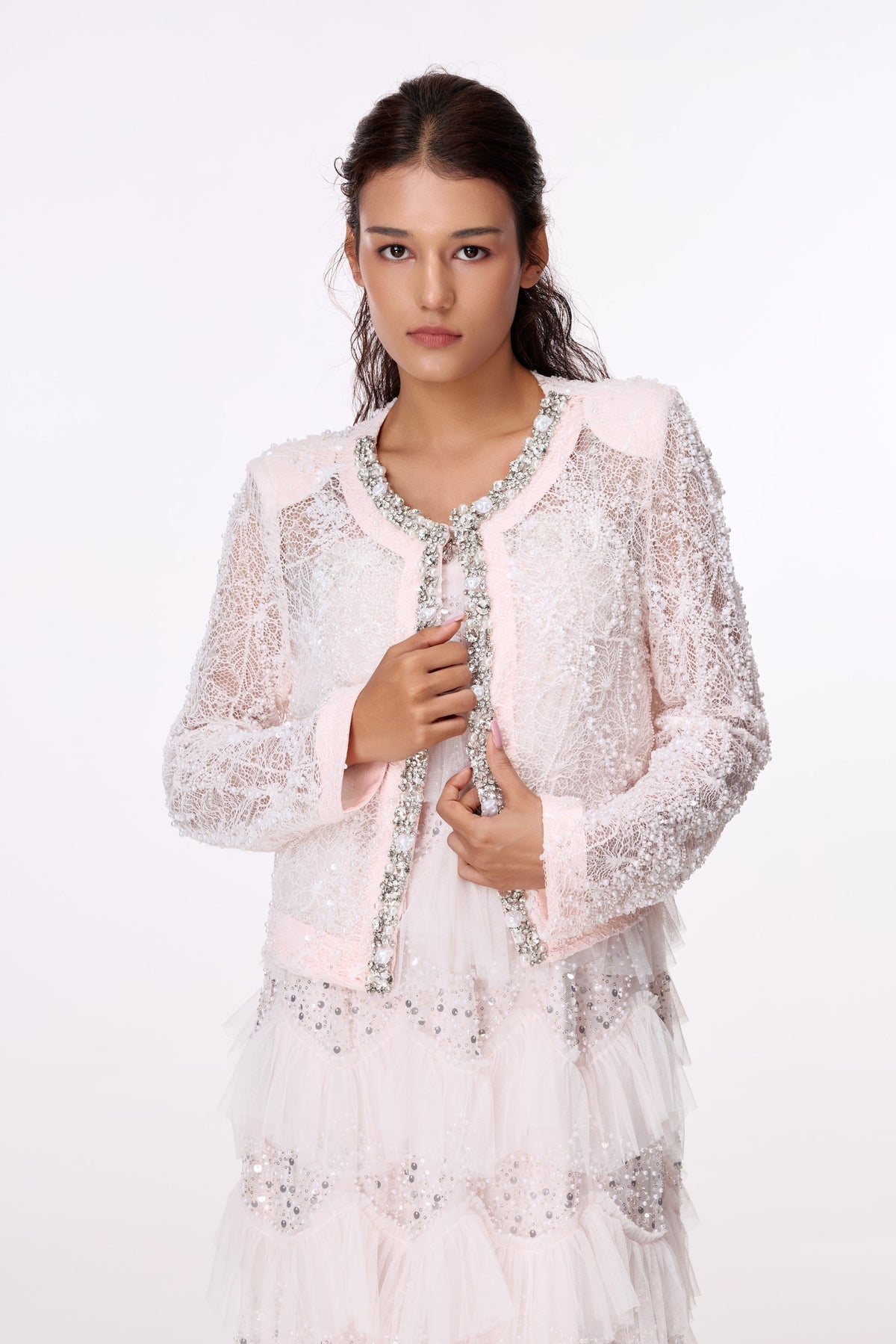 Blush Jewel-Trim Lace Jacket by STAGEE, close-up