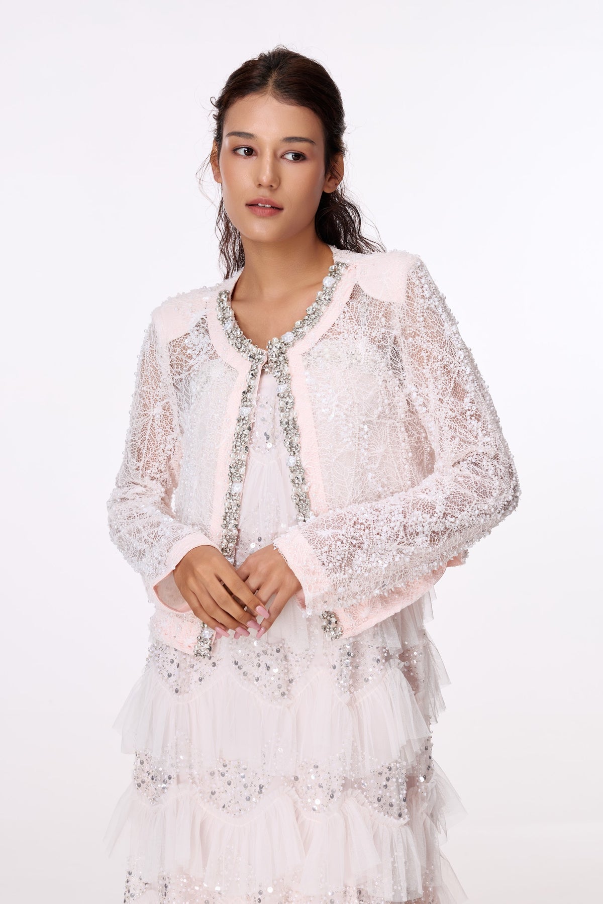 Blush Jewel-Trim Lace Jacket by STAGEE, fabric and detail