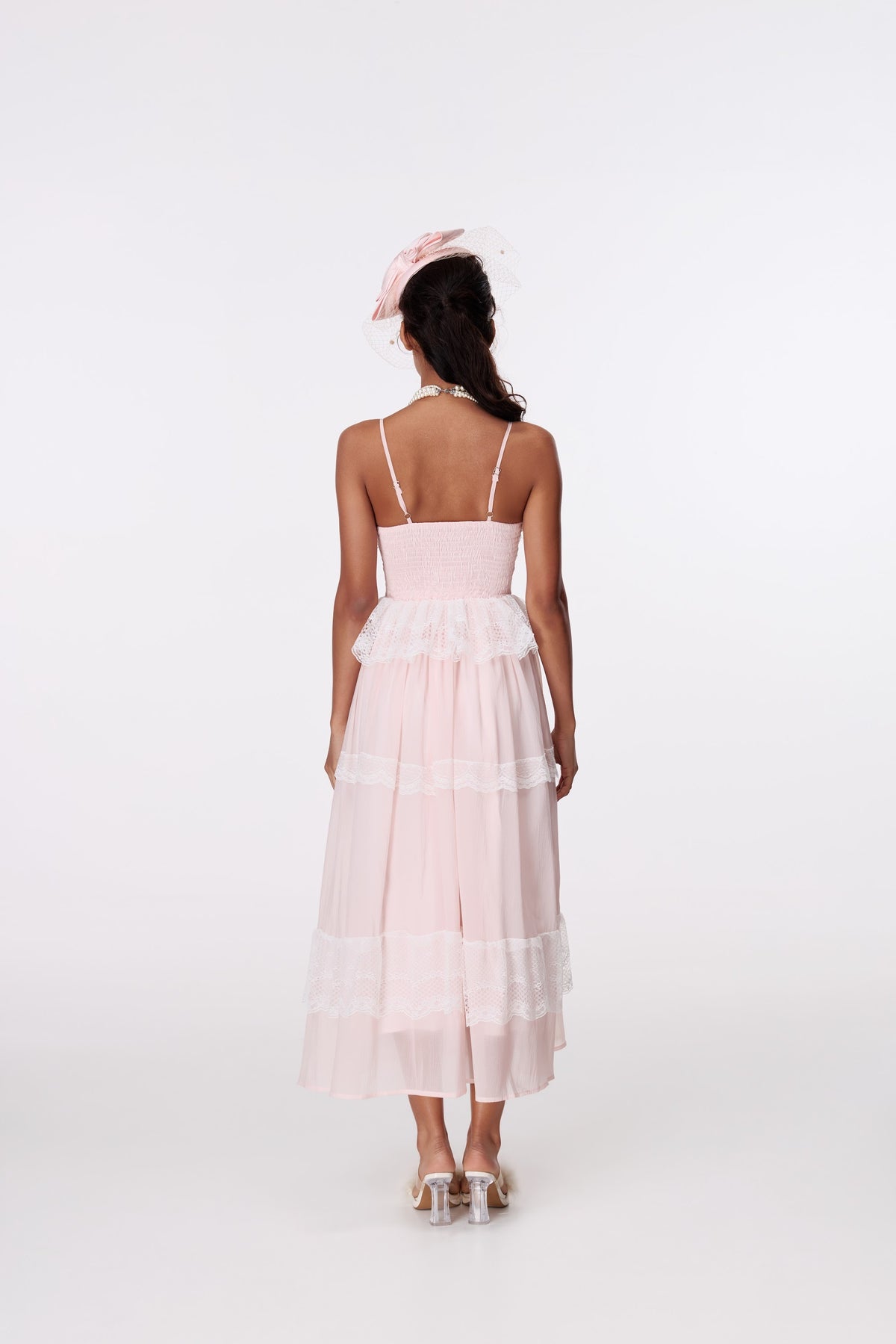 Blush Ribbon Tiered Maxi Dress by STAGEE, back view
