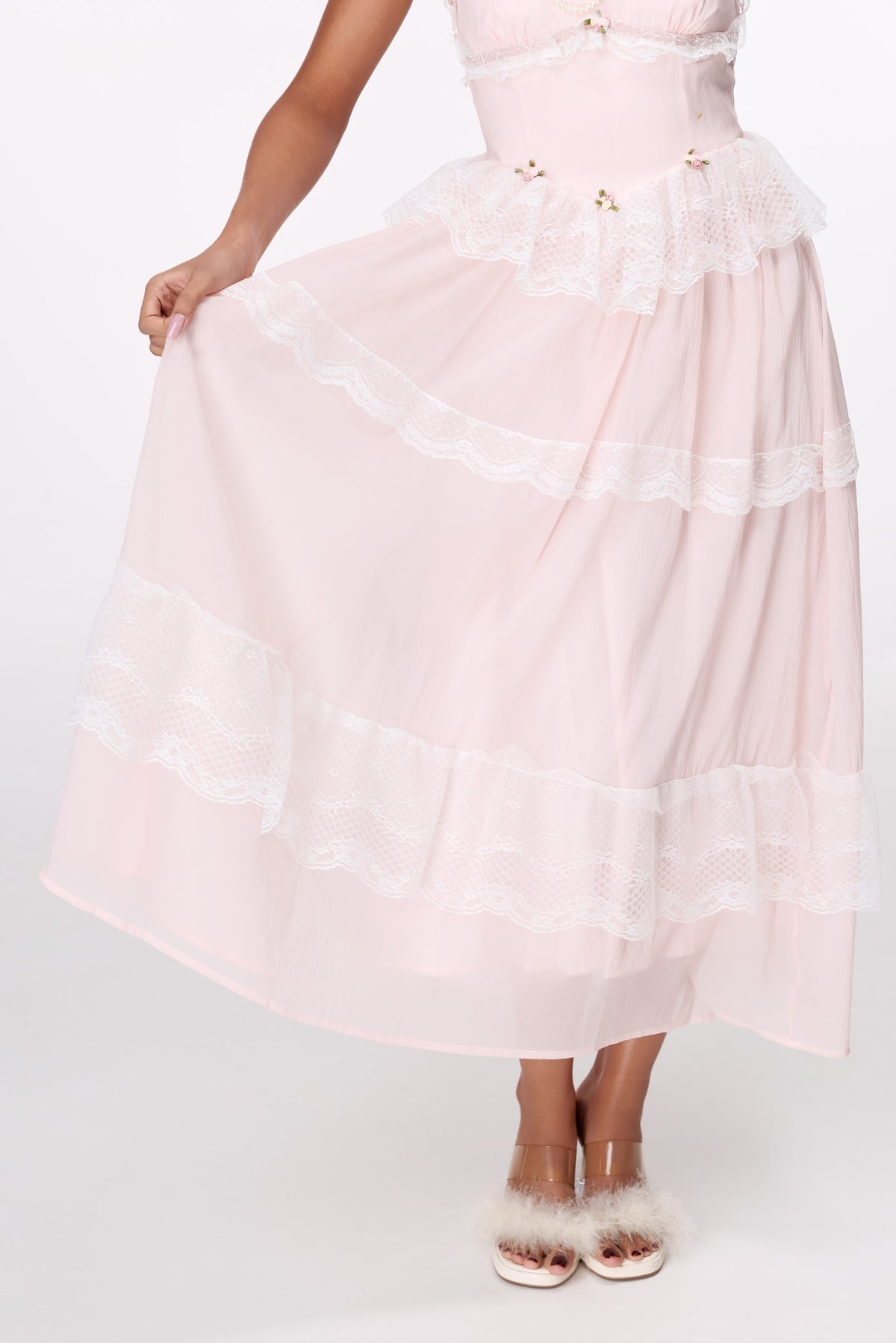 Blush Ribbon Tiered Maxi Dress by STAGEE, styled look