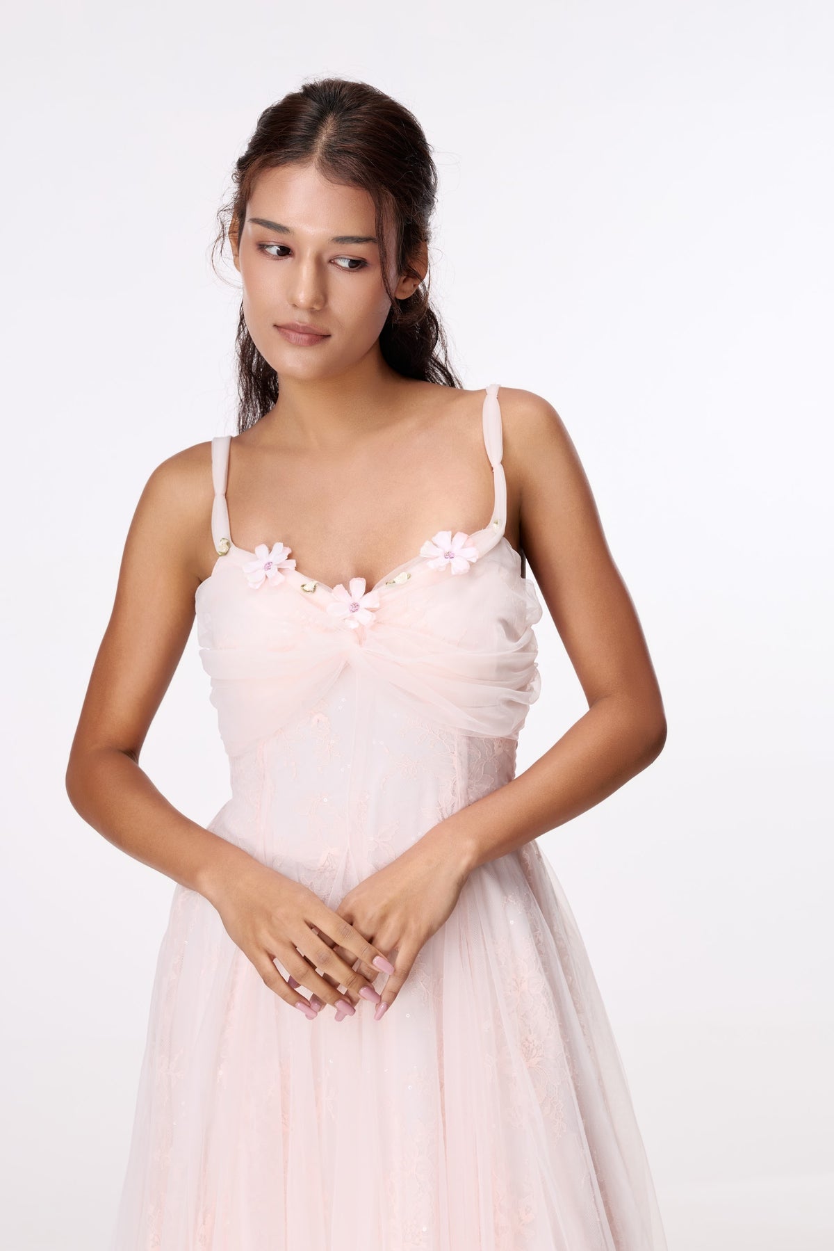 Blush Whisper Slip Maxi Dress by STAGEE, fabric and detail