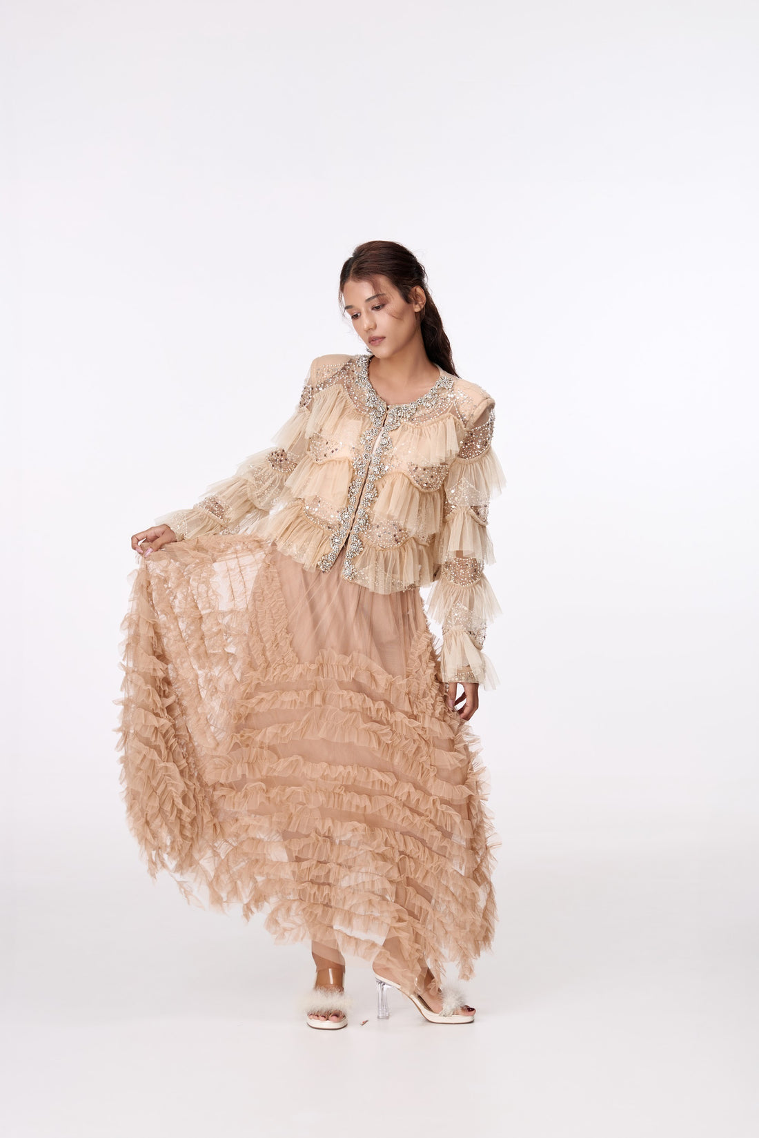 Champagne Cascade Maxi Skirt by STAGEE, front view