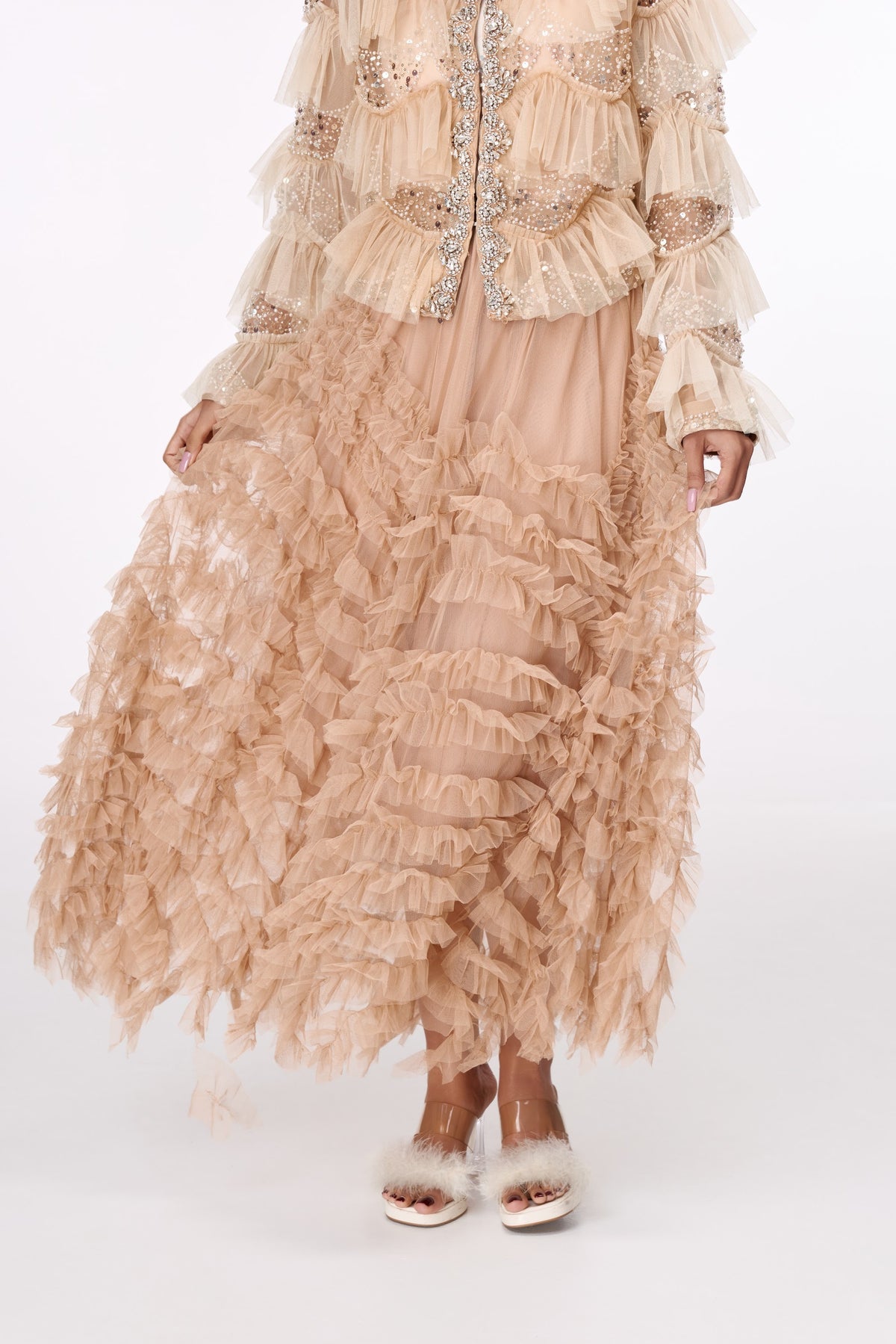 Champagne Cascade Maxi Skirt by STAGEE, close-up