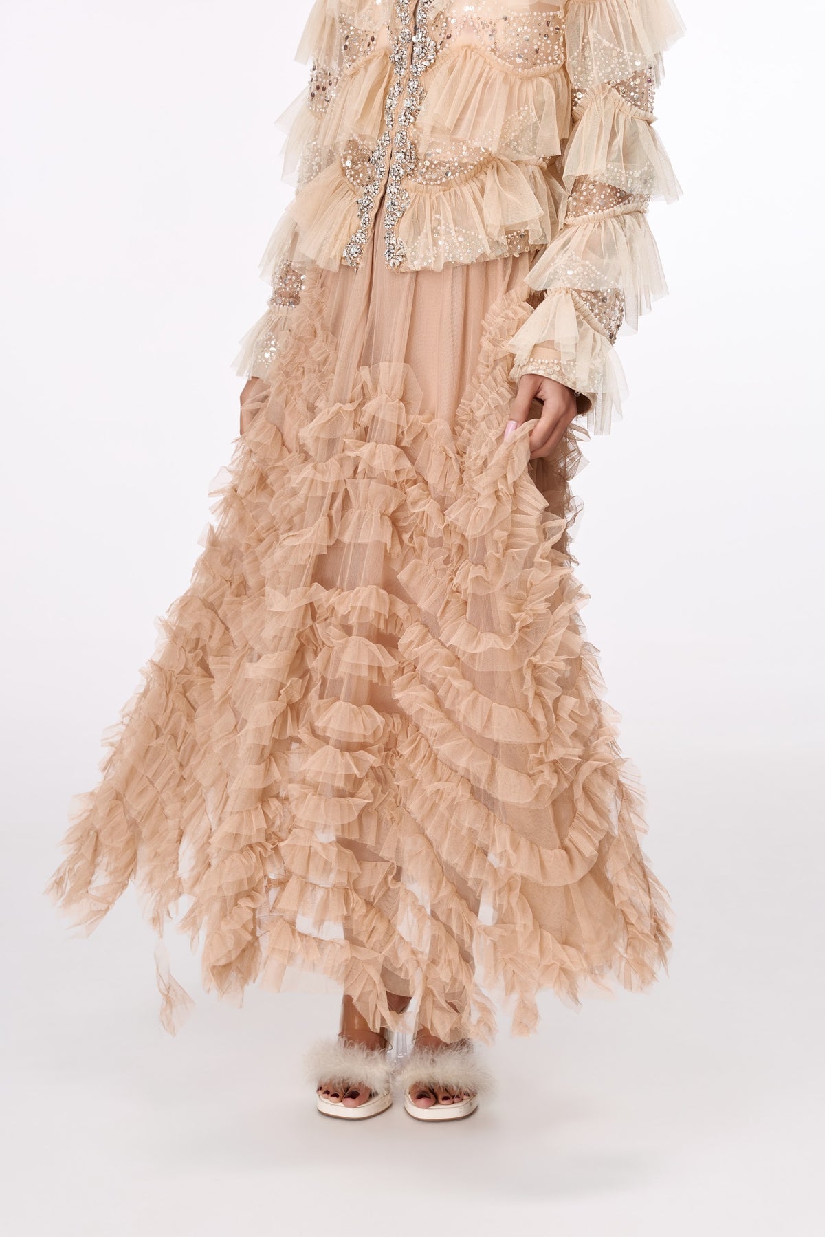 Champagne Cascade Maxi Skirt by STAGEE, fabric and detail