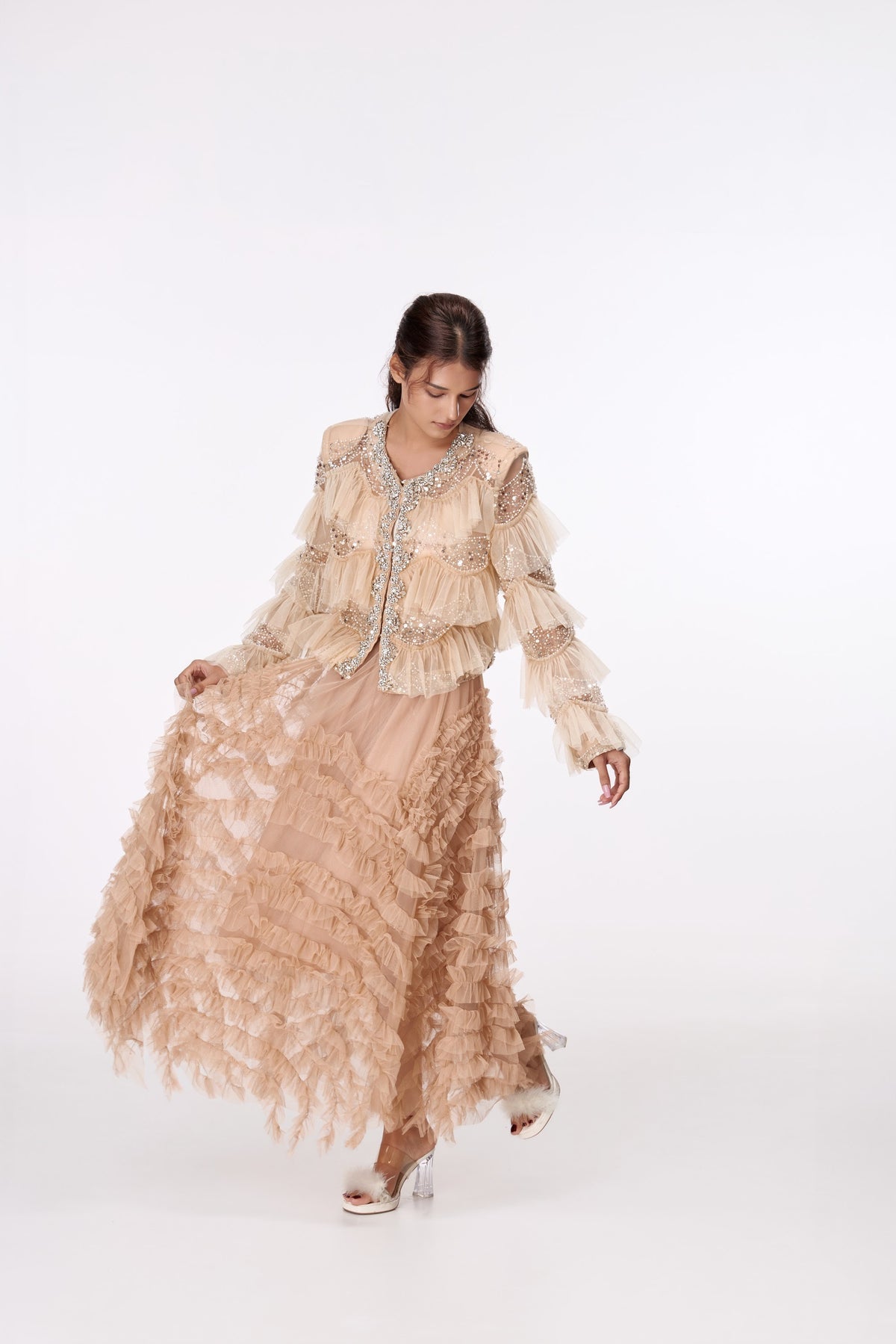 Champagne Cascade Maxi Skirt by STAGEE, styled look