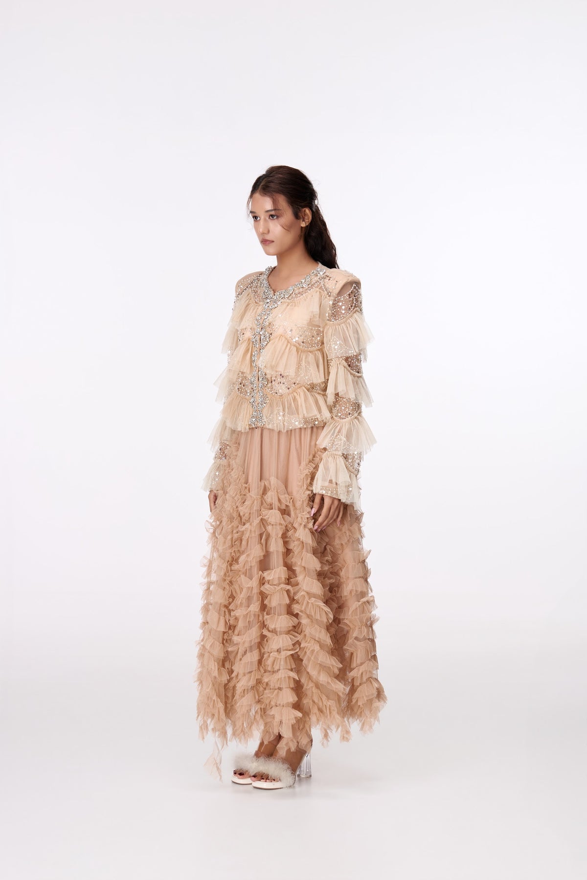 Champagne Shimmer Ruffle Blouse by STAGEE, front view