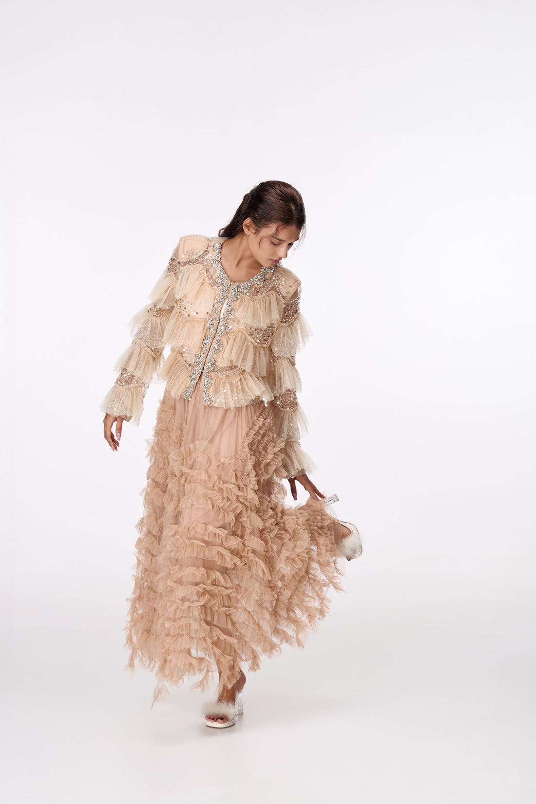 Champagne Shimmer Ruffle Blouse by STAGEE, front view