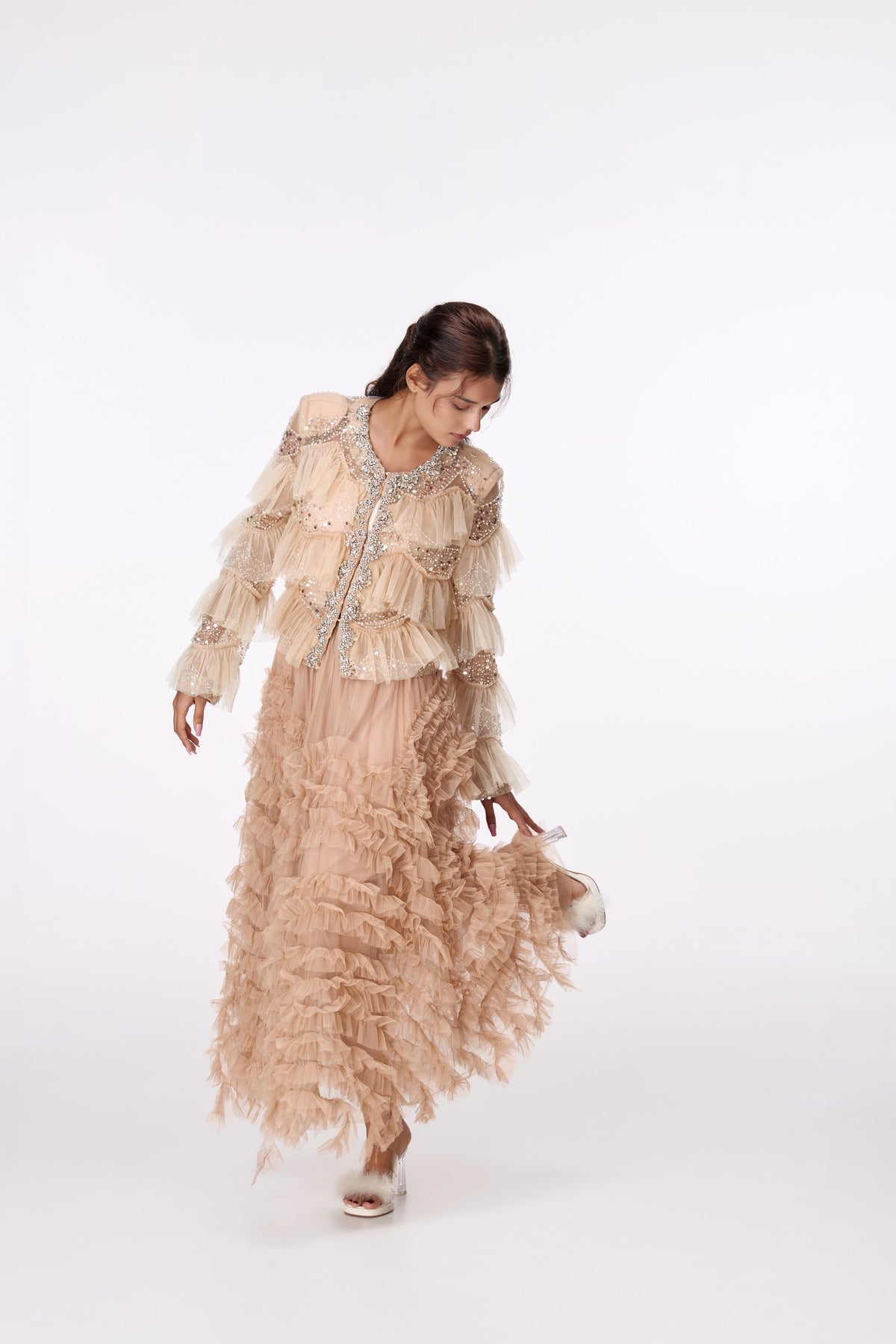 Champagne Shimmer Ruffle Blouse by STAGEE, in motion