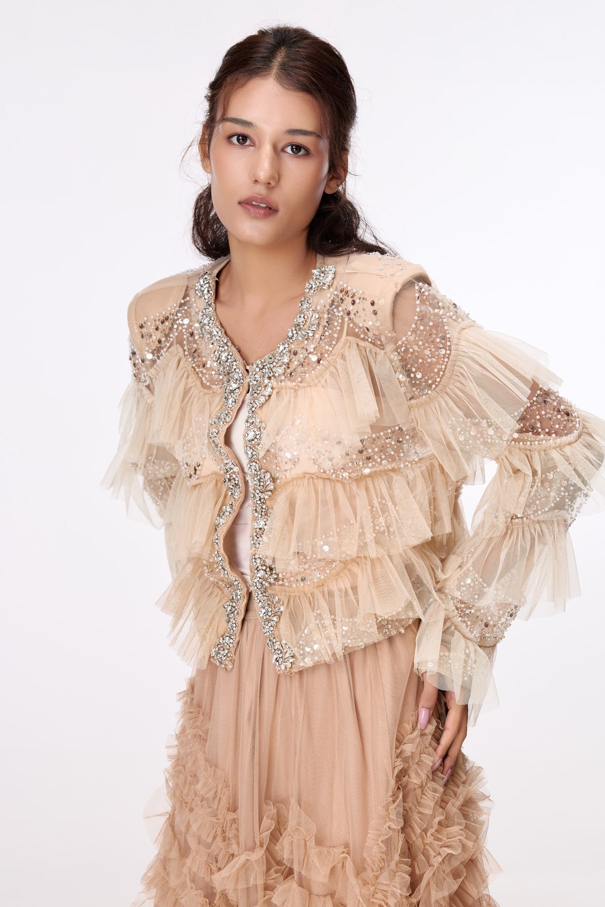 Champagne Shimmer Ruffle Blouse by STAGEE, close-up
