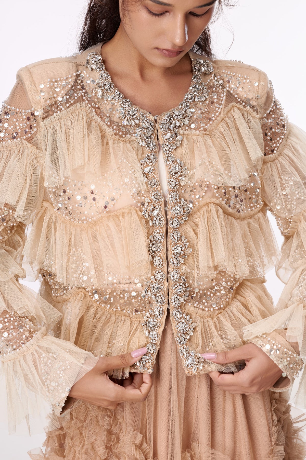 Champagne Shimmer Ruffle Blouse by STAGEE, fabric and detail