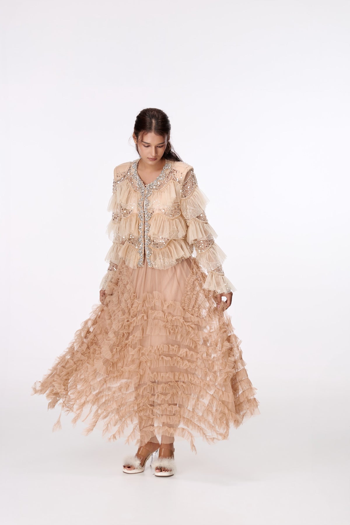 Champagne Shimmer Ruffle Blouse by STAGEE, styled look