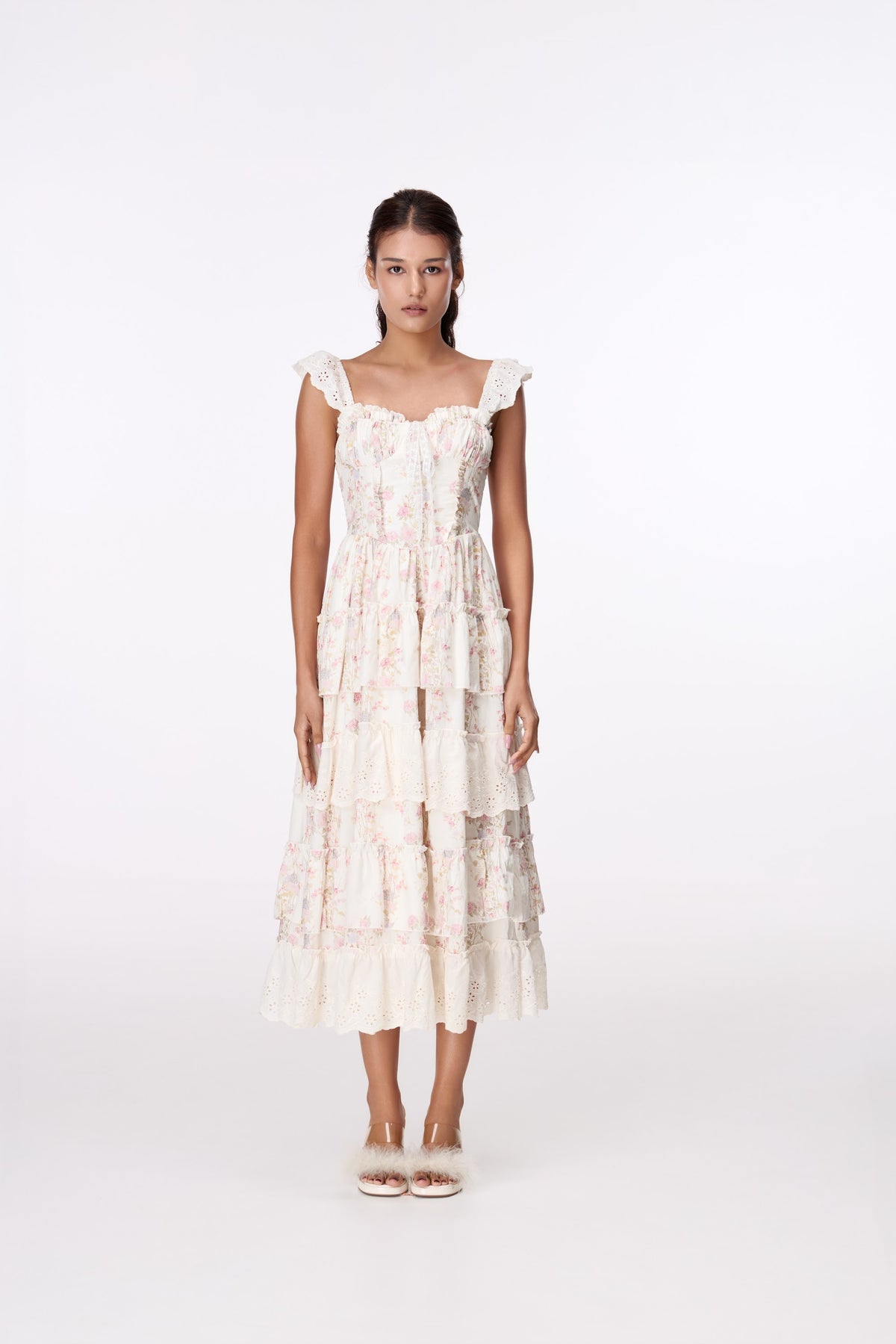 Garden Muse Tiered Midi Dress by STAGEE, front view