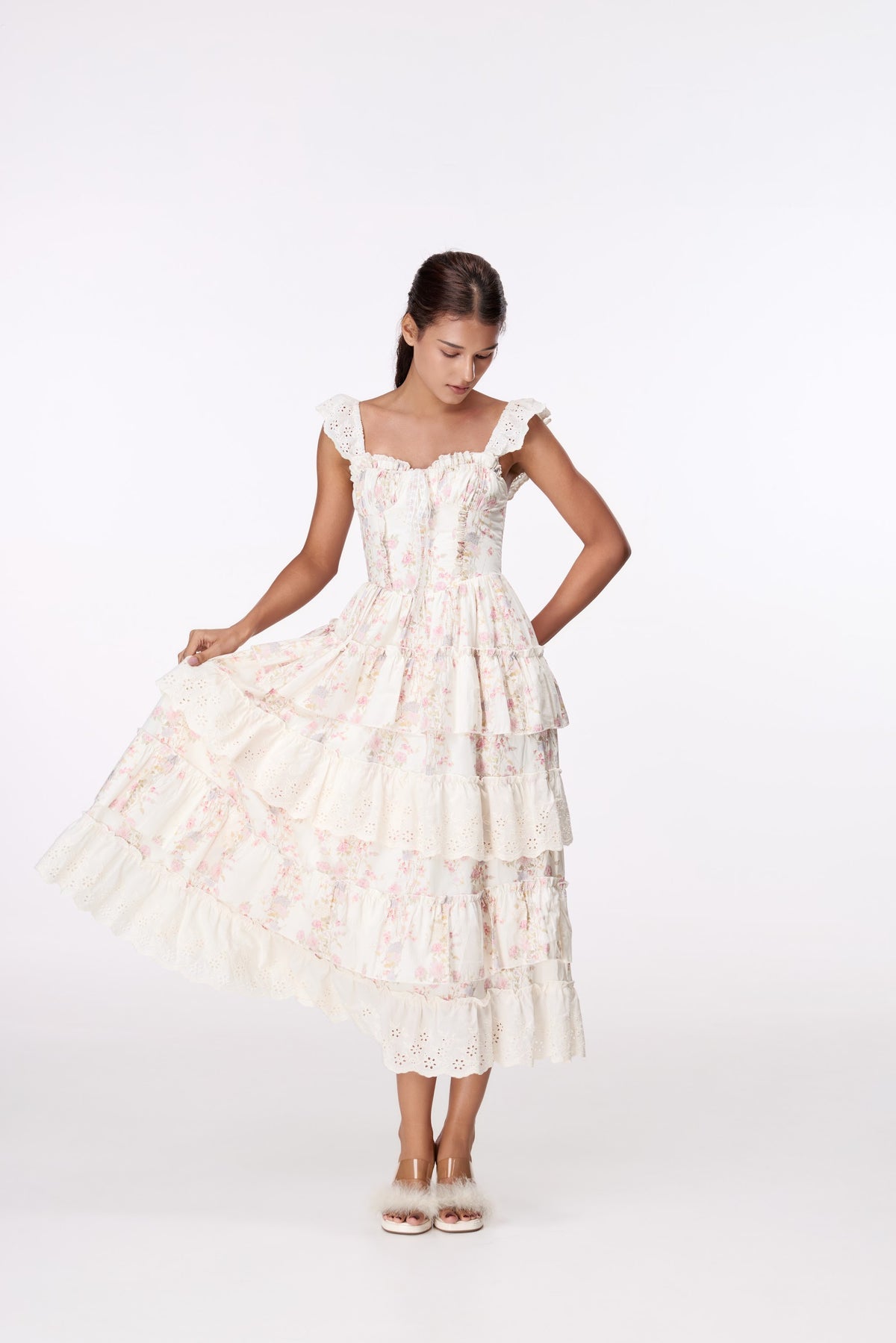 Garden Muse Tiered Midi Dress by STAGEE, in motion
