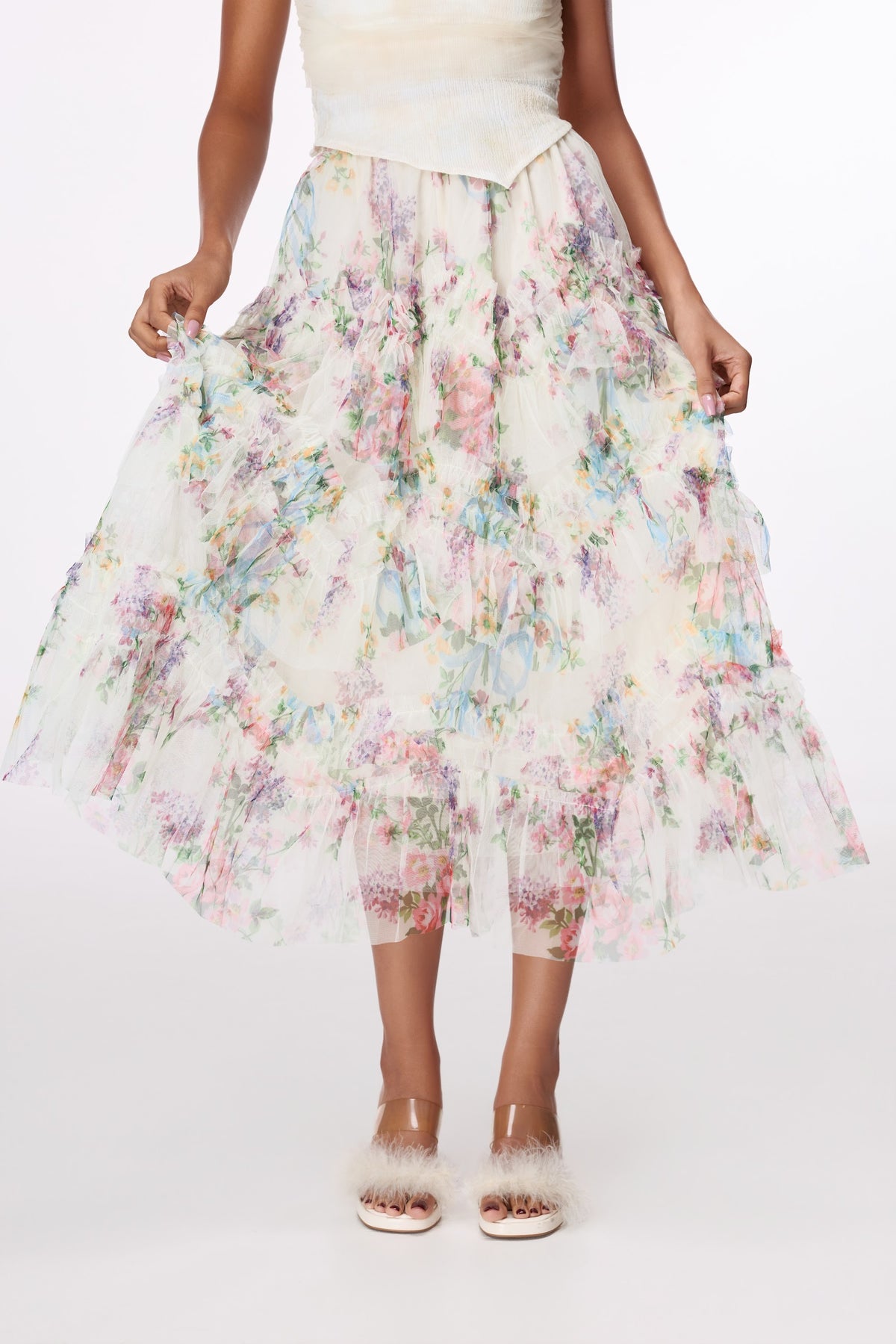 Garden Reverie Tiered Maxi Skirt by STAGEE, fabric and detail