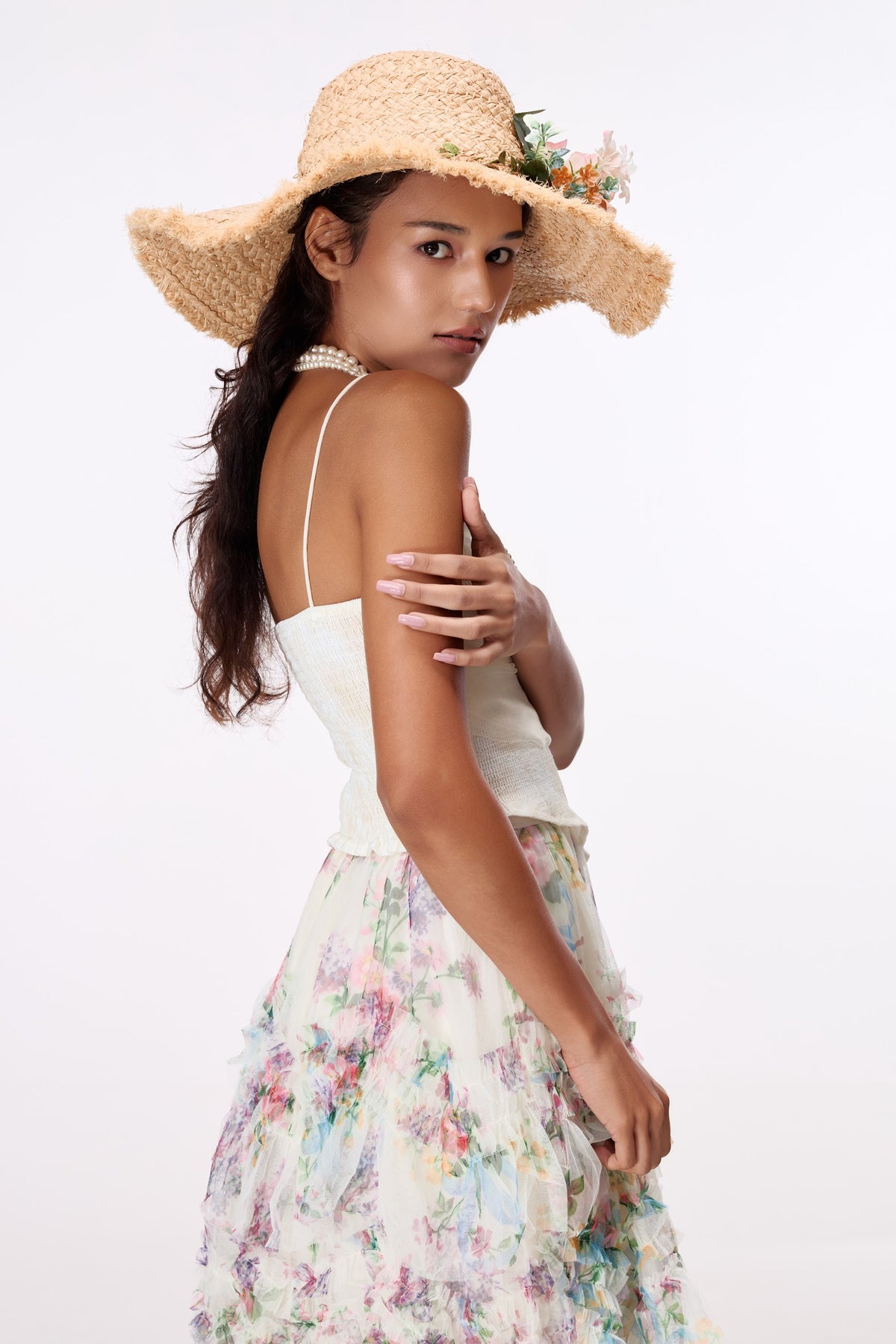 Garden Rose Wide-Brim Hat by STAGEE, close-up on model