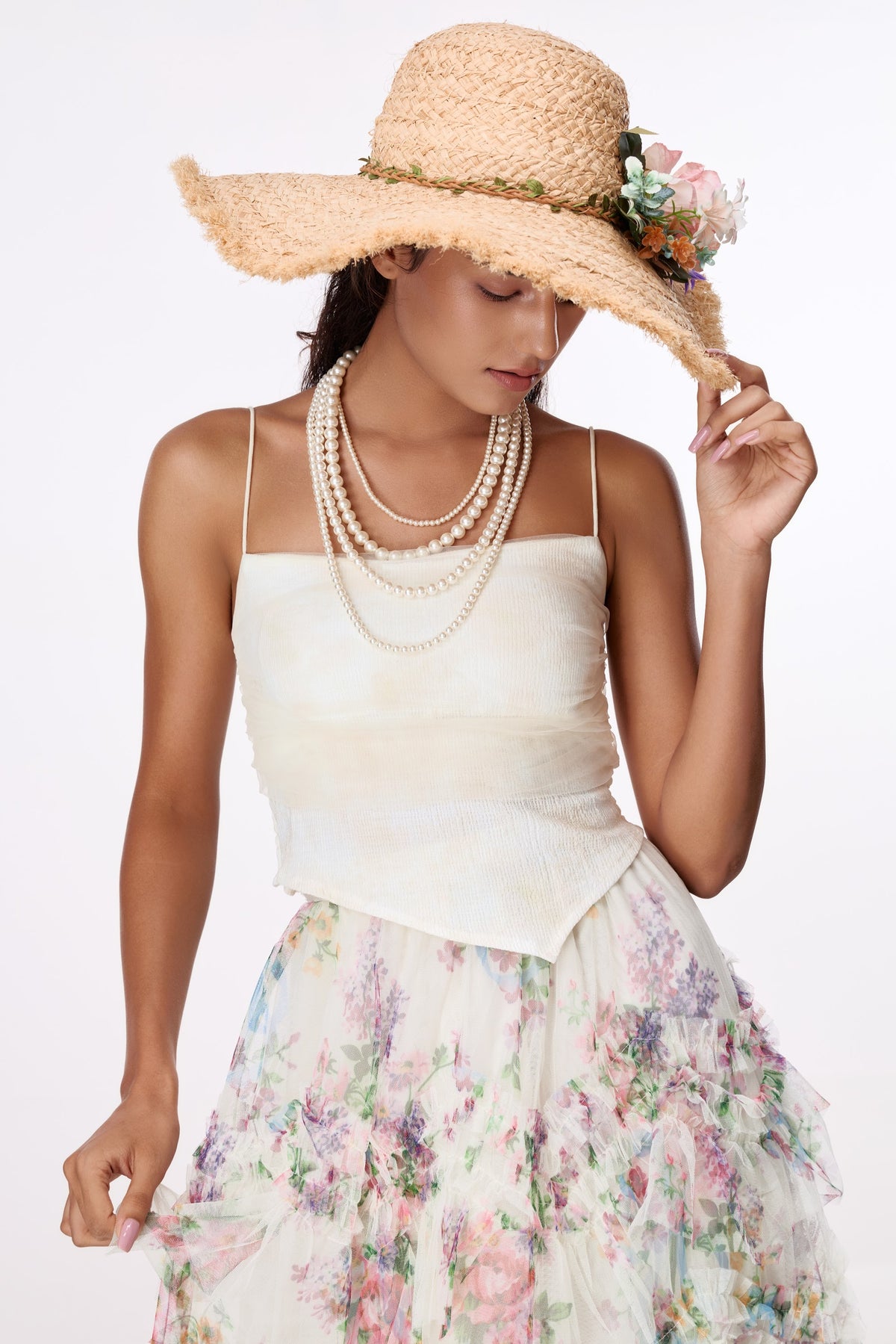 Garden Rose Wide-Brim Hat by STAGEE, detail on model