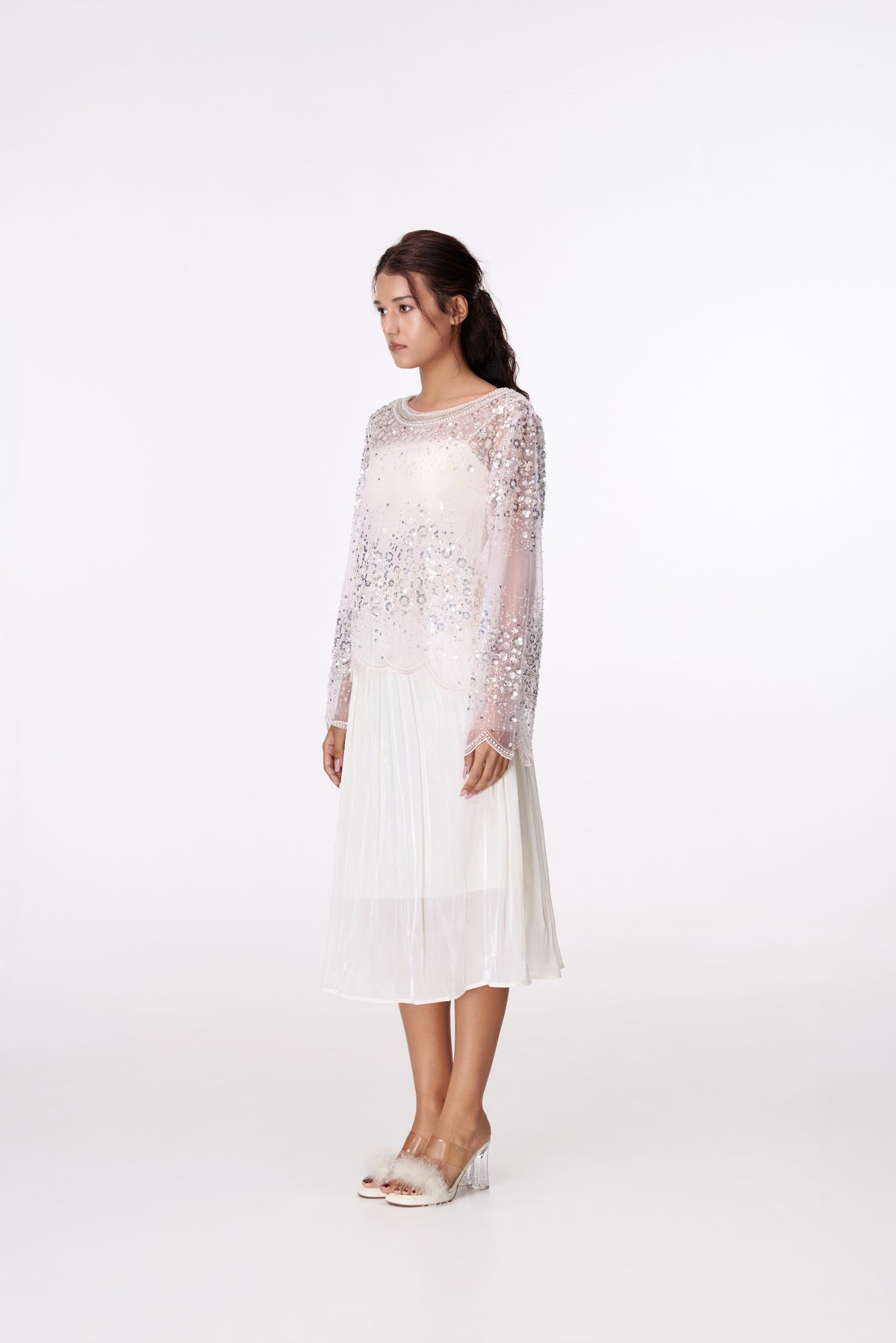 Ivory Column Midi Skirt by STAGEE, side view