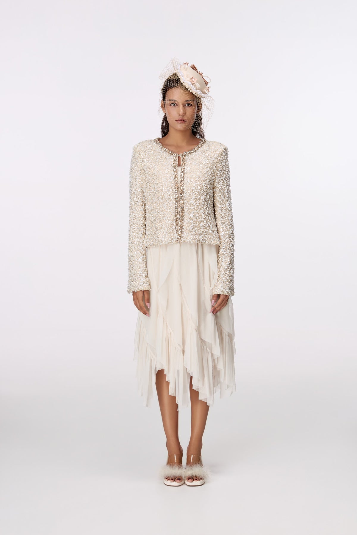 Ivory Jewel-Edge Textured Jacket by STAGEE, front view