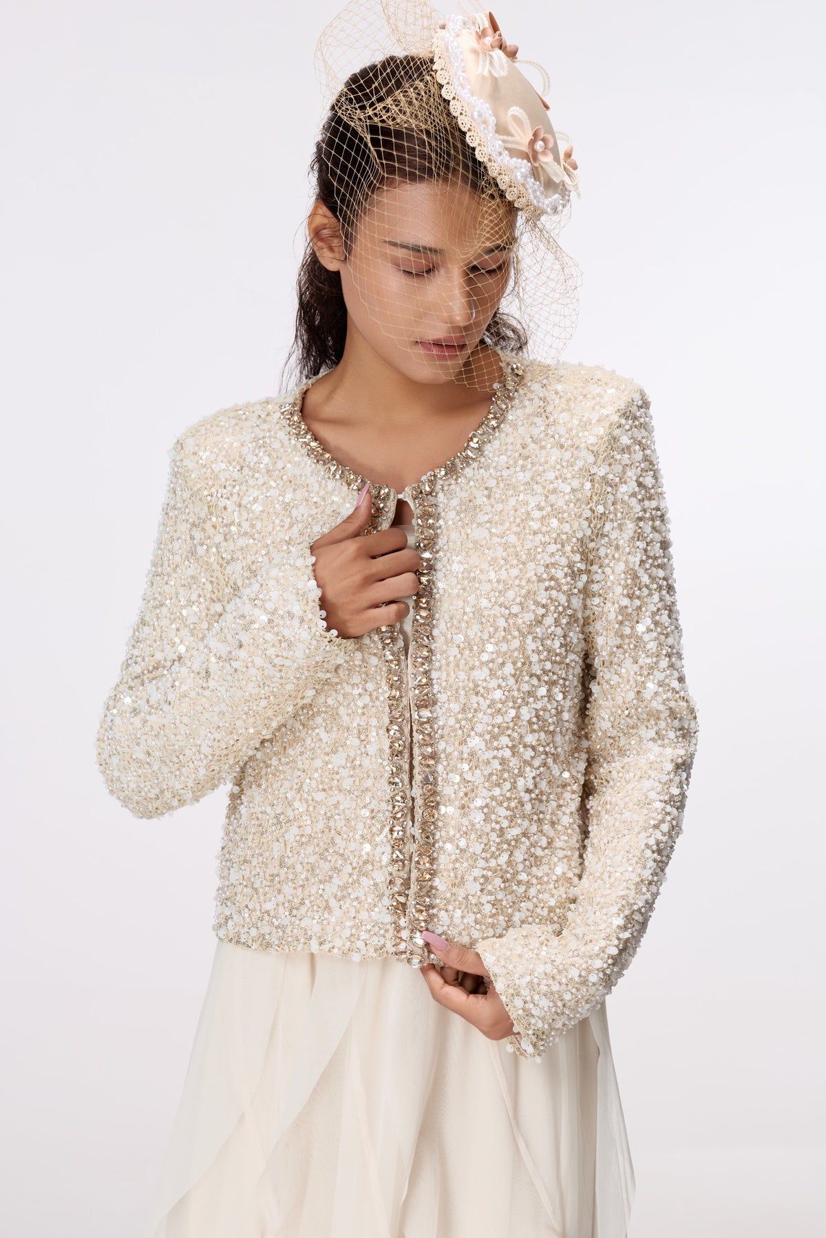 Ivory Jewel-Edge Textured Jacket by STAGEE, close-up