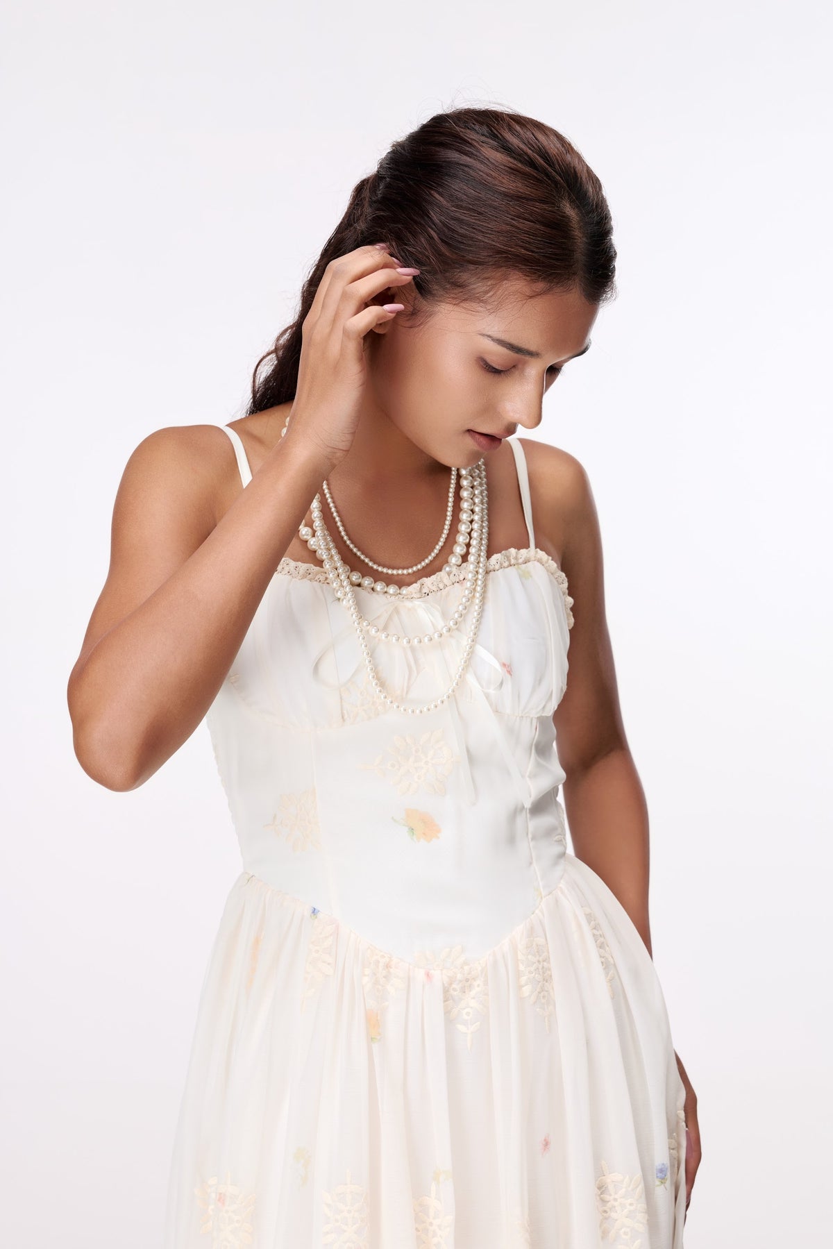 Ivory Meadow Floral Midi Dress by STAGEE, close-up