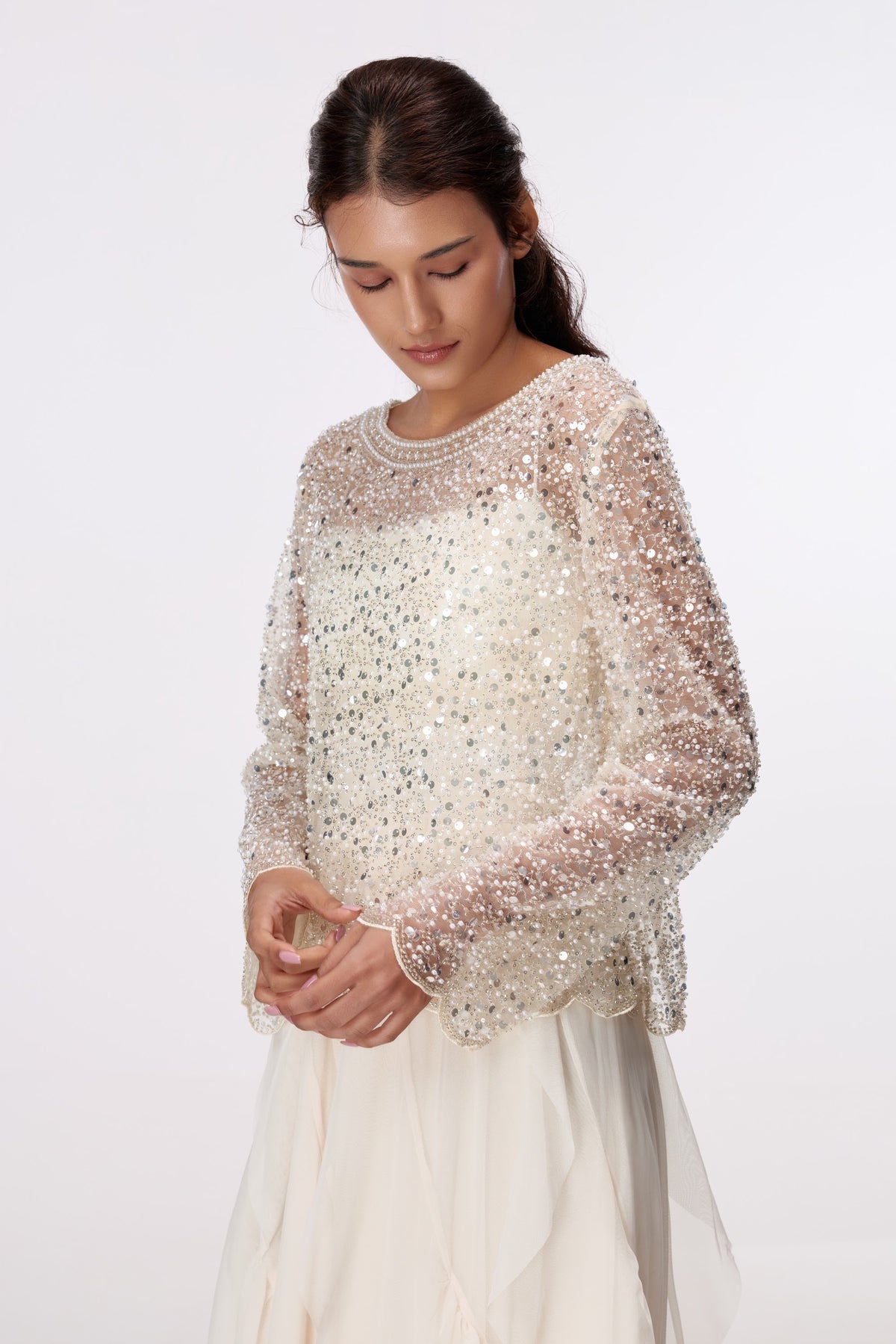 Ivory Shimmer Mesh Overlay Top by STAGEE, fabric and detail