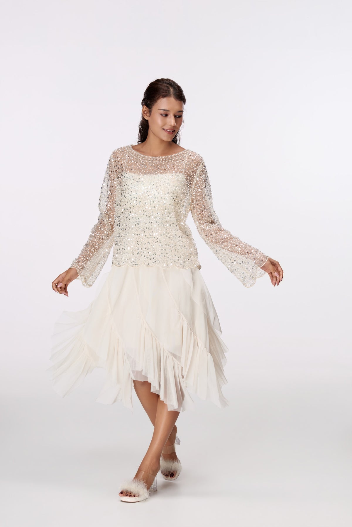 Ivory Shimmer Mesh Overlay Top by STAGEE, styled look