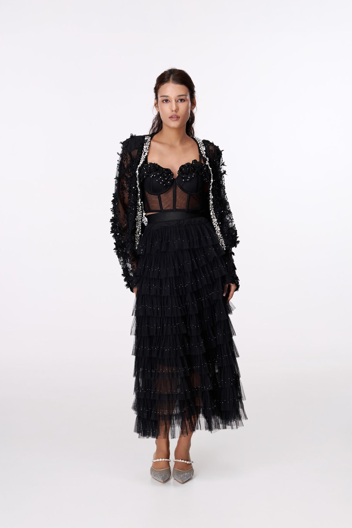 Midnight Jewel-Edge Lace Jacket by STAGEE, front view