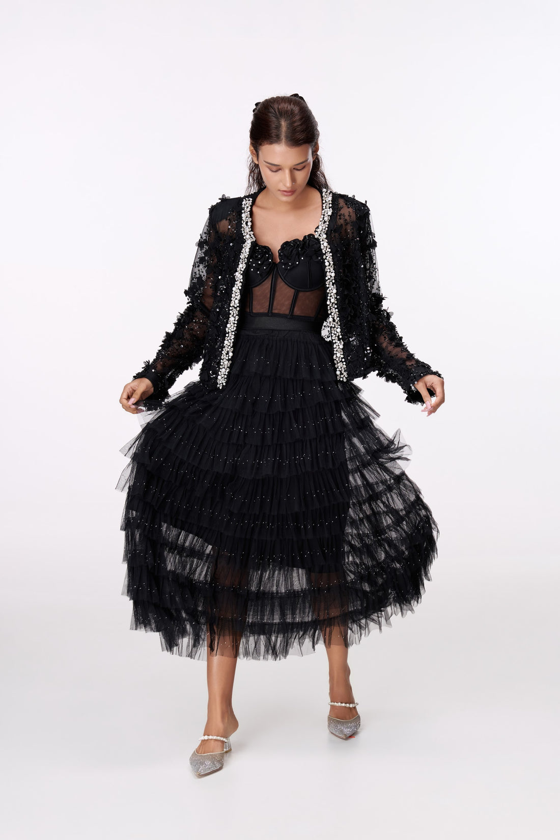 Midnight Jewel-Edge Lace Jacket by STAGEE, front view