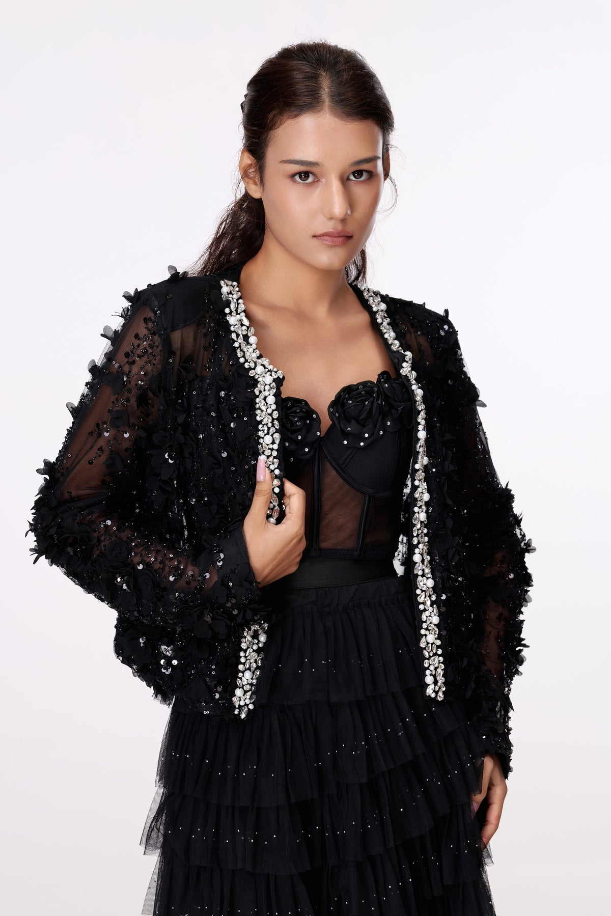 Midnight Jewel-Edge Lace Jacket by STAGEE, close-up