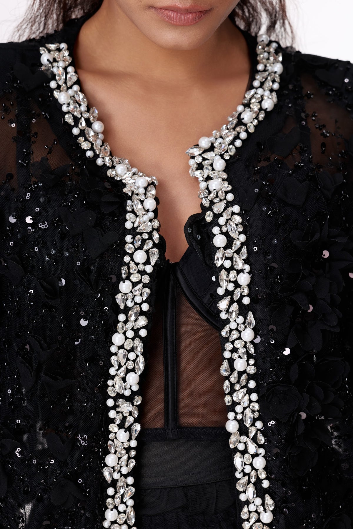 Midnight Jewel-Edge Lace Jacket by STAGEE, fabric and detail