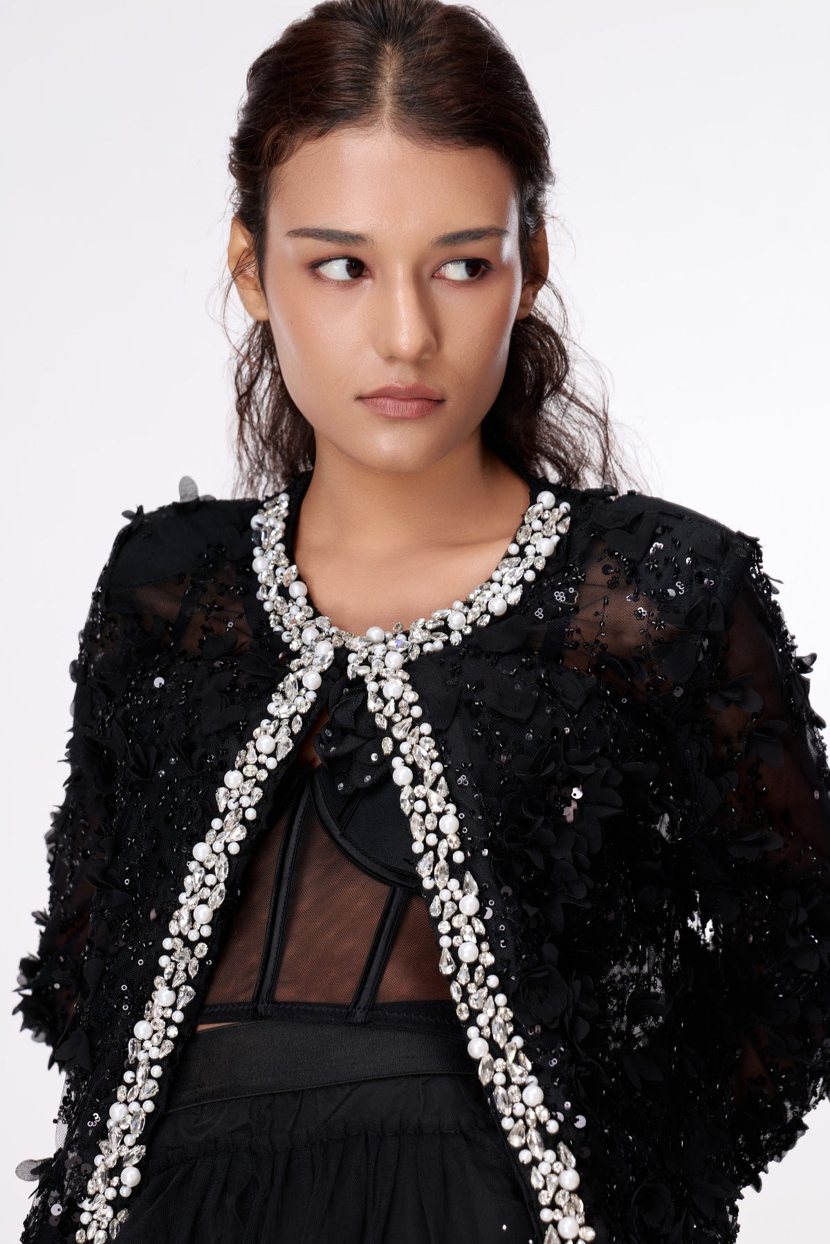 Midnight Jewel-Edge Lace Jacket by STAGEE, styled look