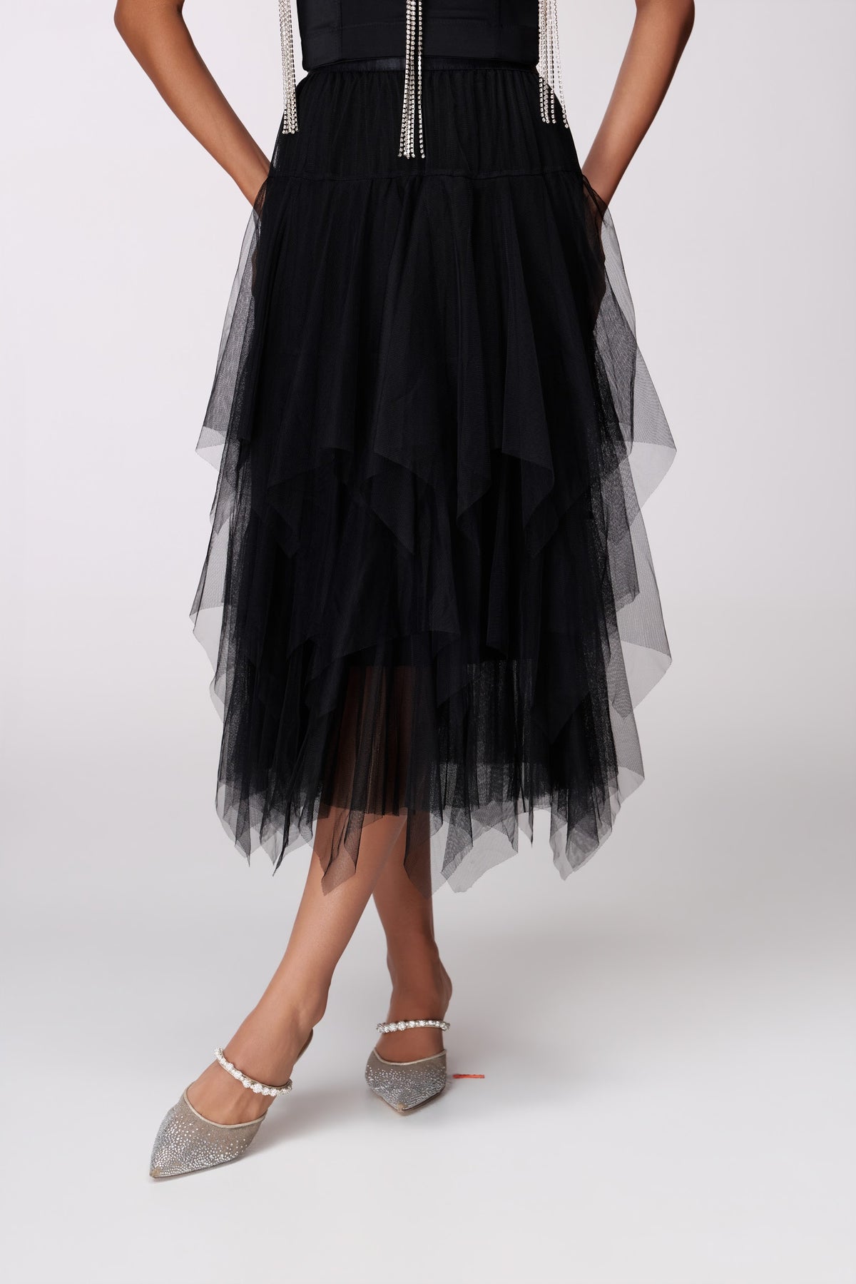 Midnight Tiered Midi Skirt by STAGEE, close-up