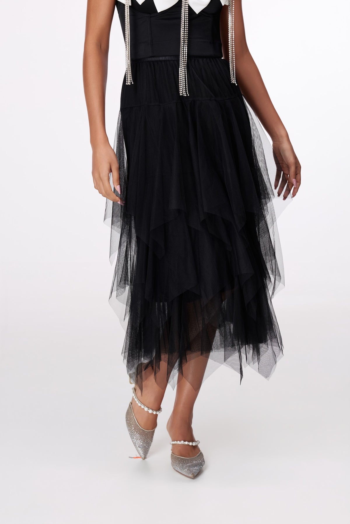Midnight Tiered Midi Skirt by STAGEE, fabric and detail