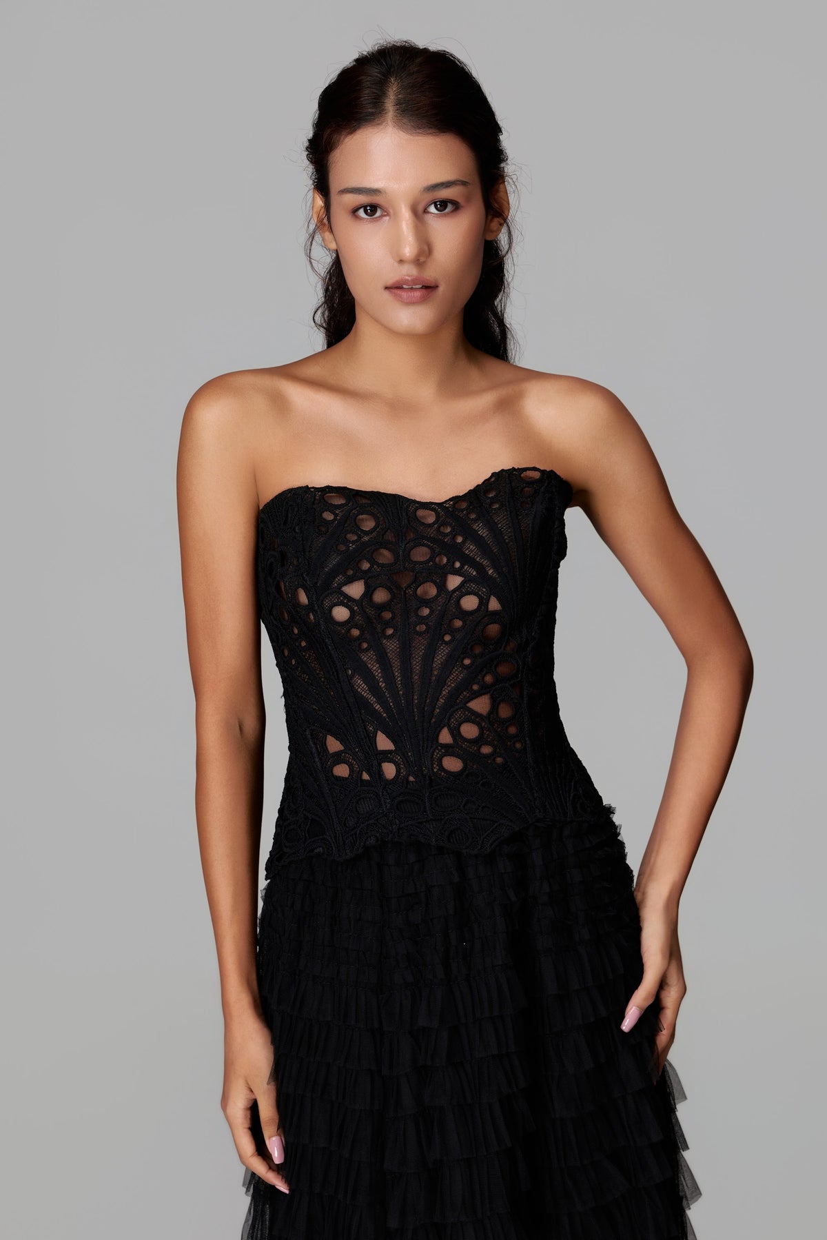 Nocturne Lace Bustier Top by STAGEE, fabric and detail