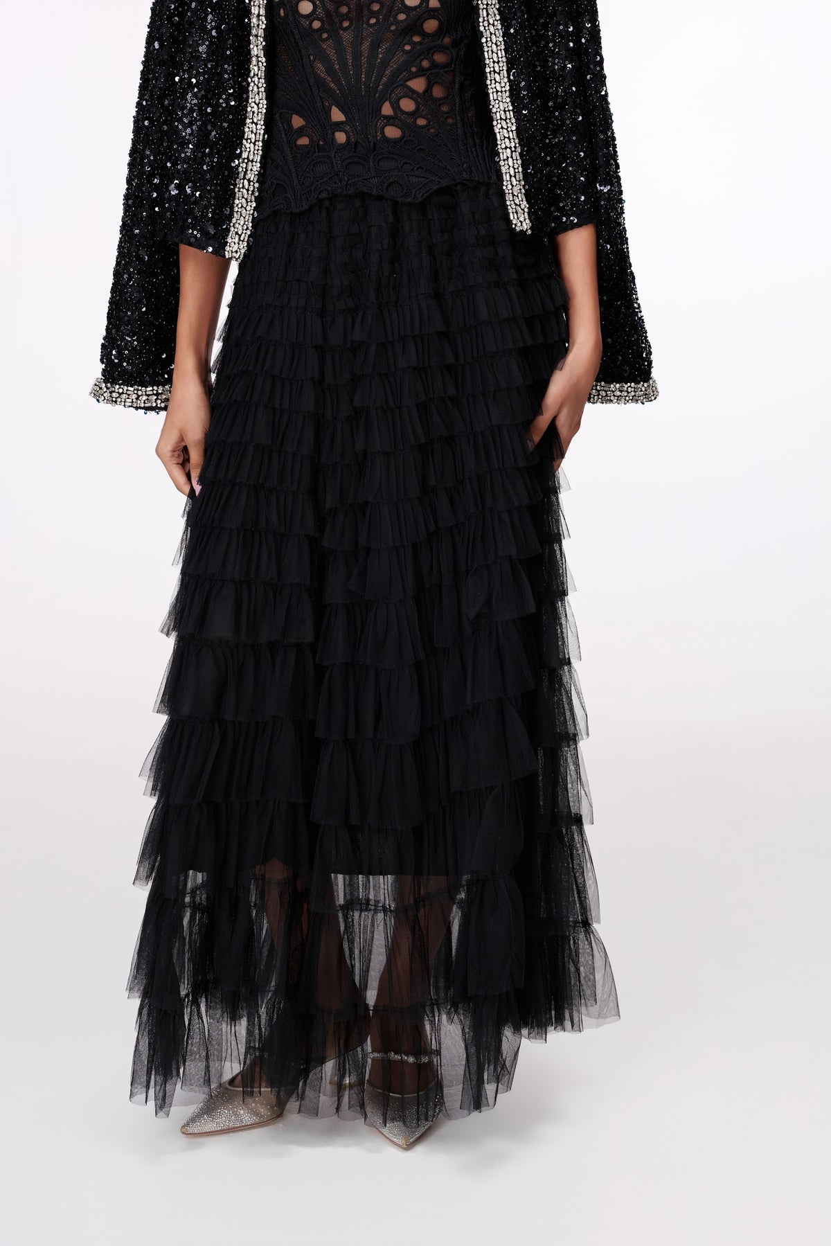 Nocturne Tiered Maxi Skirt by STAGEE, close-up