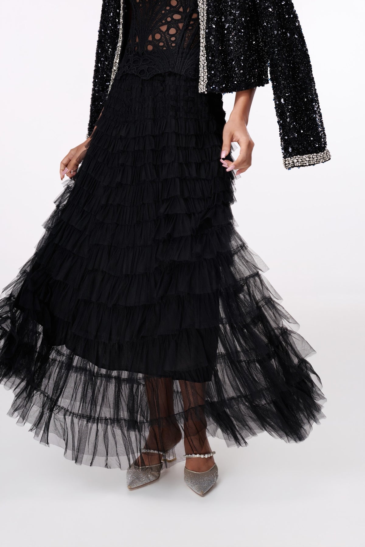 Nocturne Tiered Maxi Skirt by STAGEE, fabric and detail