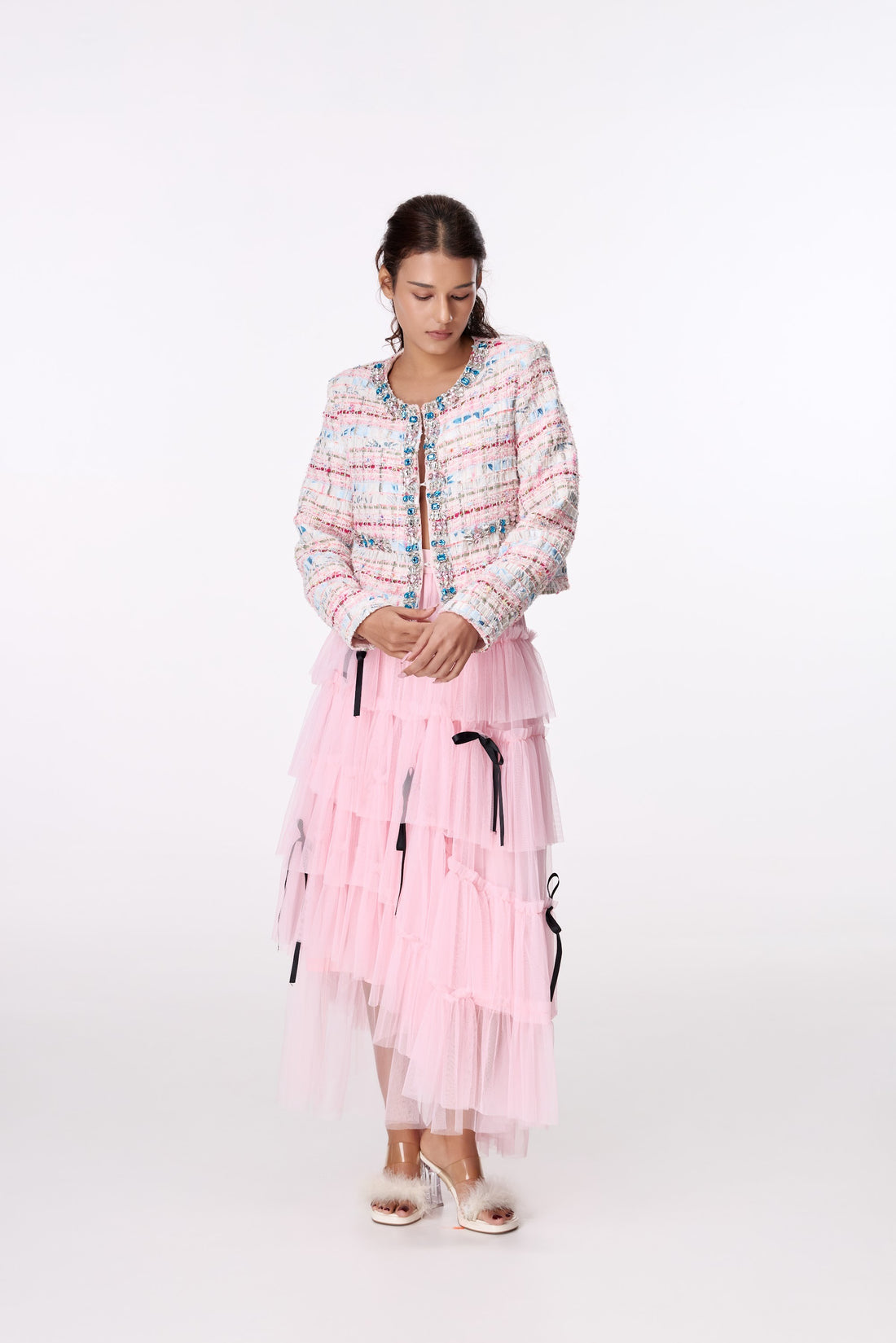 Pastel Jewel-Button Textured Jacket by STAGEE, front view
