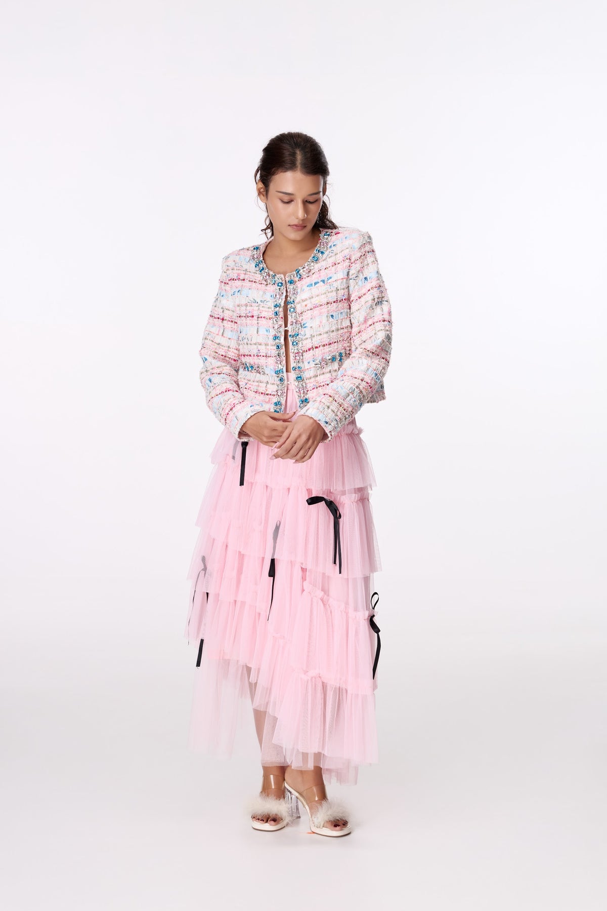 Pastel Jewel-Button Textured Jacket by STAGEE, front view