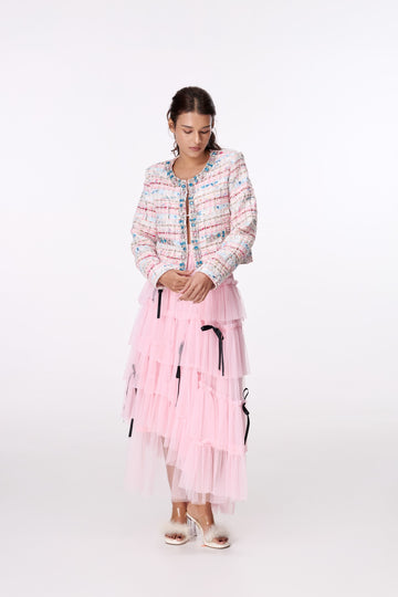 Pastel Jewel-Button Textured Jacket by STAGEE, front view